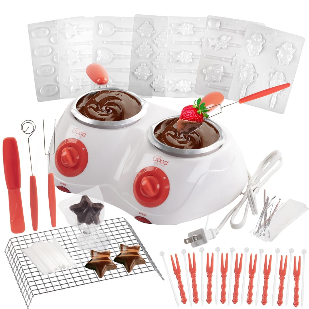 Dual Electric Chocolate Melting Gift Pot Set- Candy Making Or Fondue Fountain Kit W/ 30 Free Accessories - 7 Fun Mold Trays & Di