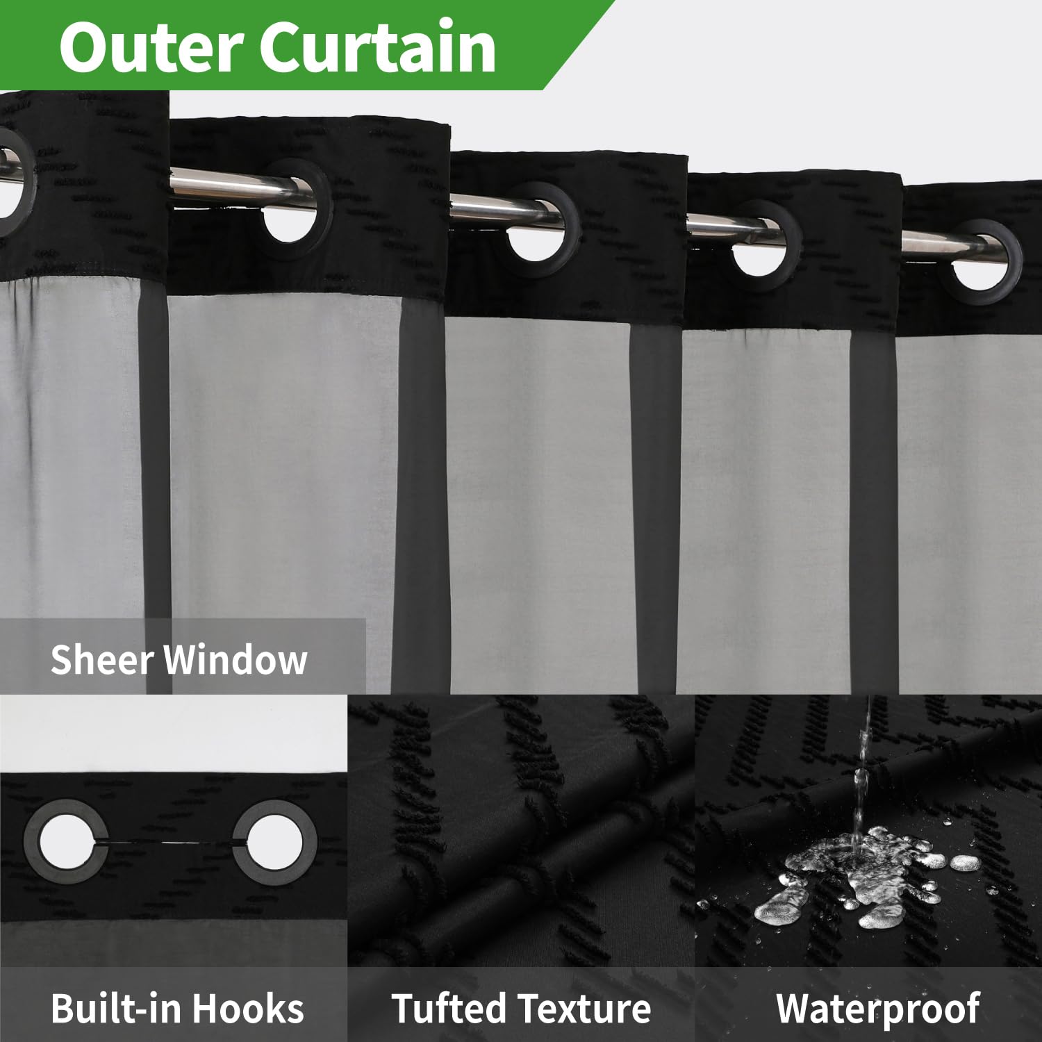 Eachope Extra Long No Hook Tufted Chevron Striped Shower Curtain With Snap-In Fabric Liner Set-71Wx86H(84H),Black Hotel Grade Bo