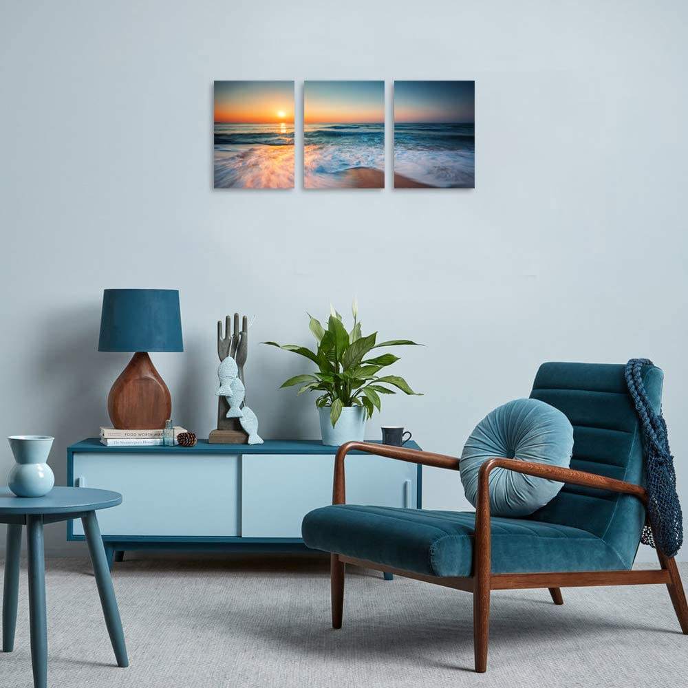 TutuBeer 3 Panels Beach Pictures Wall Art Blue Sea White Beach at Sunrise Pictures Print on Canvas Beach Wall Decor Beach Paintings for Home Decor Stretched and Framed Easy to Hang 12'' x 16'' x 3 Pcs
