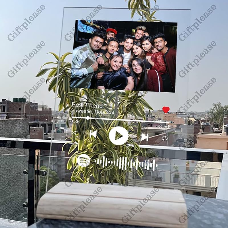 Giftplease Customized Photo And Tabletop Song Glass Spotify Plaque With Wooden Stand|Personalized Rectangular Photo Music Frame