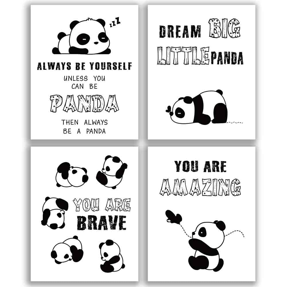 Inspirational Panda Wall Art Prints  Unframed Adorable Panda Motivational Words Wall Art  Set of 4(8x10)Dream Big Little Panda Print for Nursery and Kids Room Decor  No Frame (Black White)