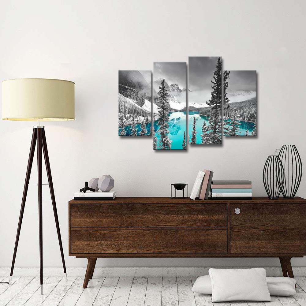 Derkymo 4 Pieces Teal Blue Moraine Lake Wall Art Black And White Canada Rocky Mountain Picture Landscape Print On Canvas Giclee