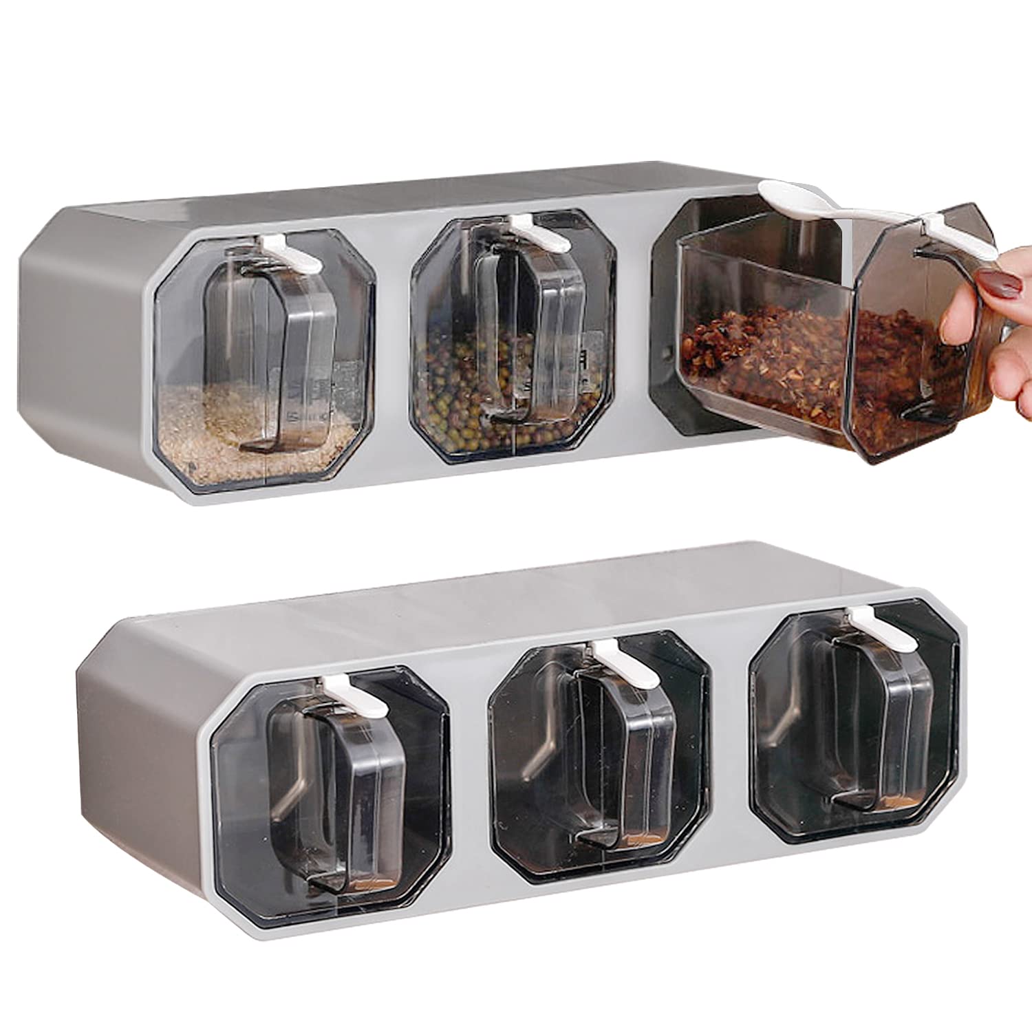 BESUNTEK Seasoning Box, 2Pack Clear Seasoning Storage Container Rack Combo Set Wall-Mounted Condiment Jar Spice Canisters with S