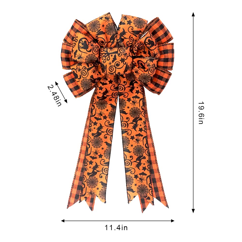 Buffalo Plaid Halloween Bow - Large Black & Orange Spider Web Bat Tree Topper - Gift Bows for Party & Home Decoration