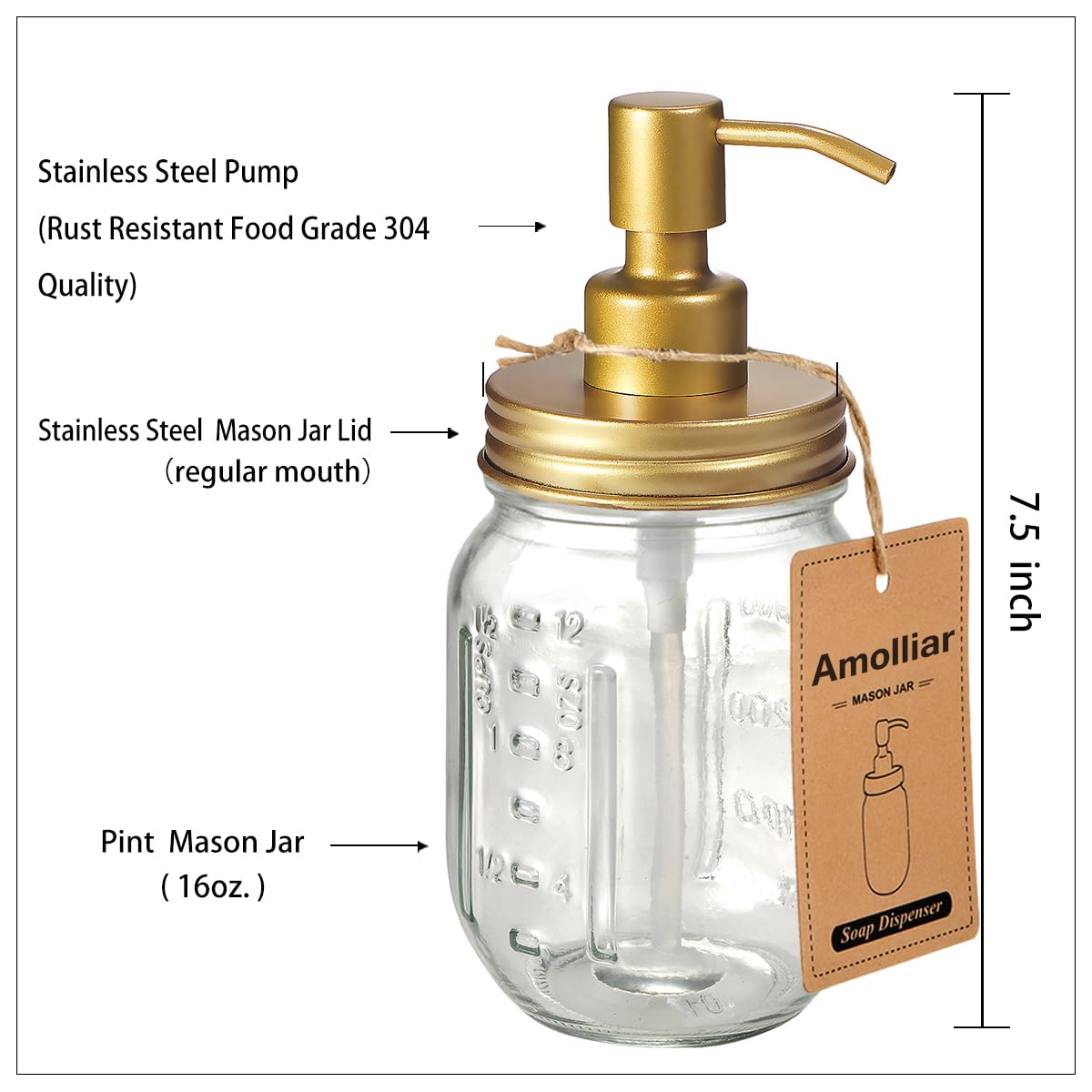 Amolliar Mason Jar Liquid Soap Dispenser -Rustproof Stainless Steel Farmhouse Decor for Bathroom Vanities Kitchen Sink/ Liquid Soap Pumps for Hand Soap Dish Soap Lotions/Golden -2 Pack