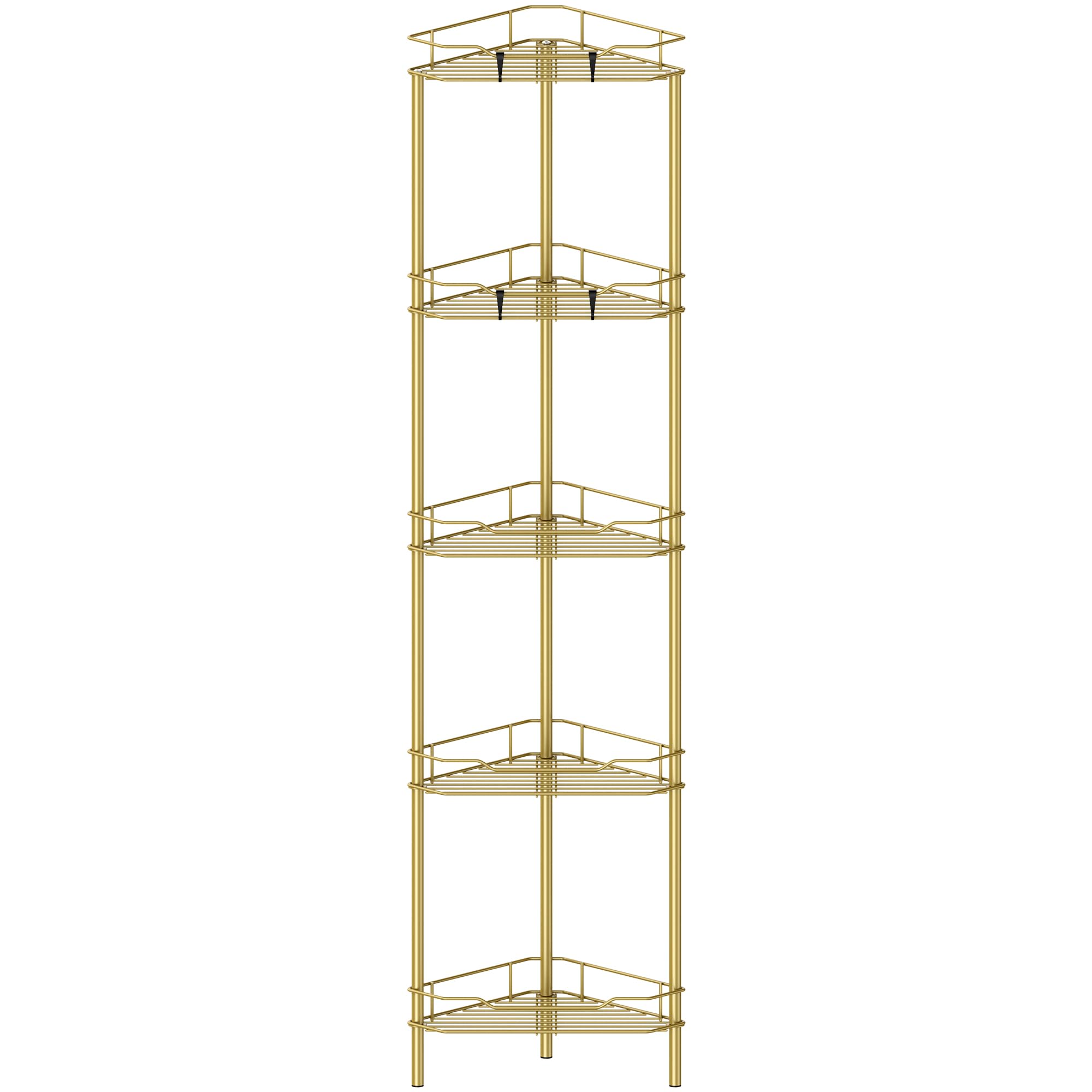 HuggieGems 5 Tier Floor Standing Corner Shower Caddy Organizer Shelf with Hooks, Bathroom Shelves Stand Rack, Gold