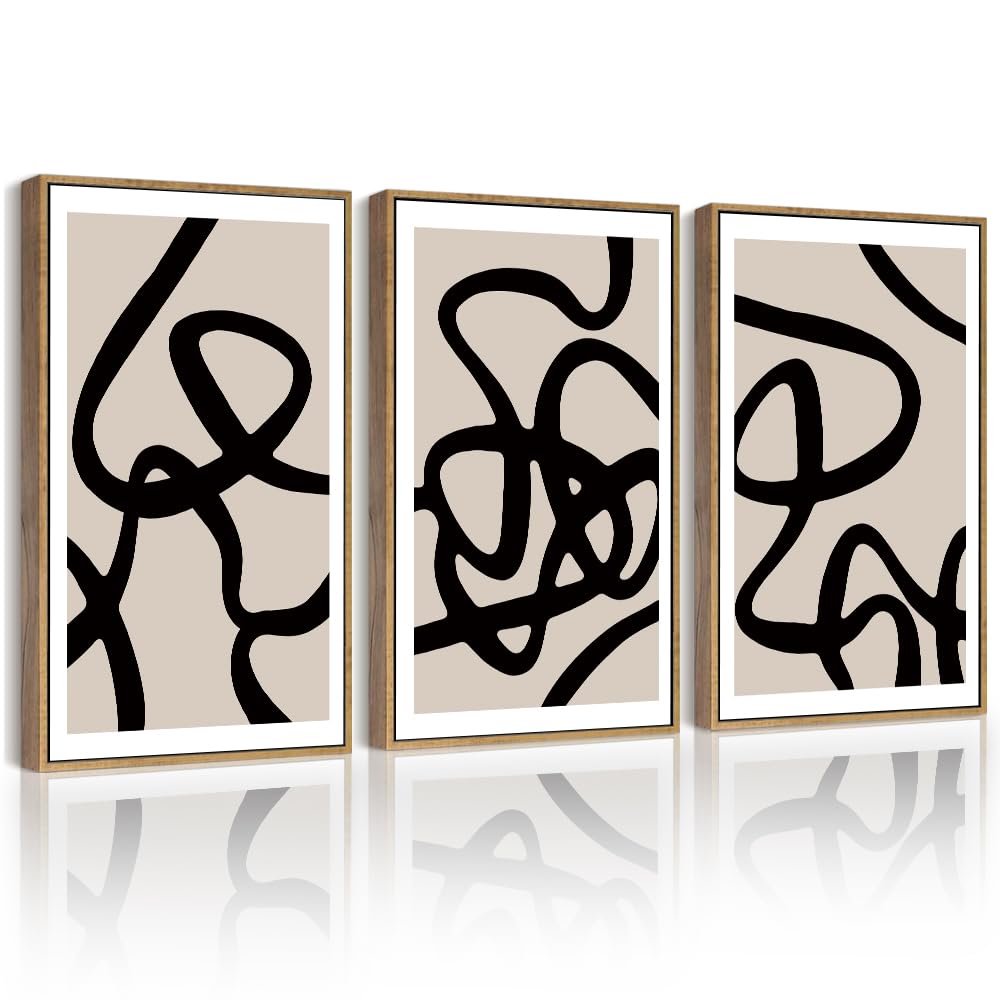 PHOPAGO Black Lines Abstract Wall Art Ink Wash Minimalist Framed Canvas Painting Artwork 11x14in Natural Framed