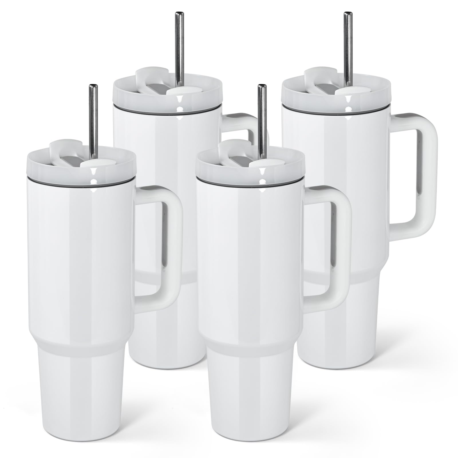 AGH 4 Pack 40 oz White Sublimation Tumbler with Handle, Stainless Steel Straw, Insulated Double Wall Vacuum Reusable Cups with L