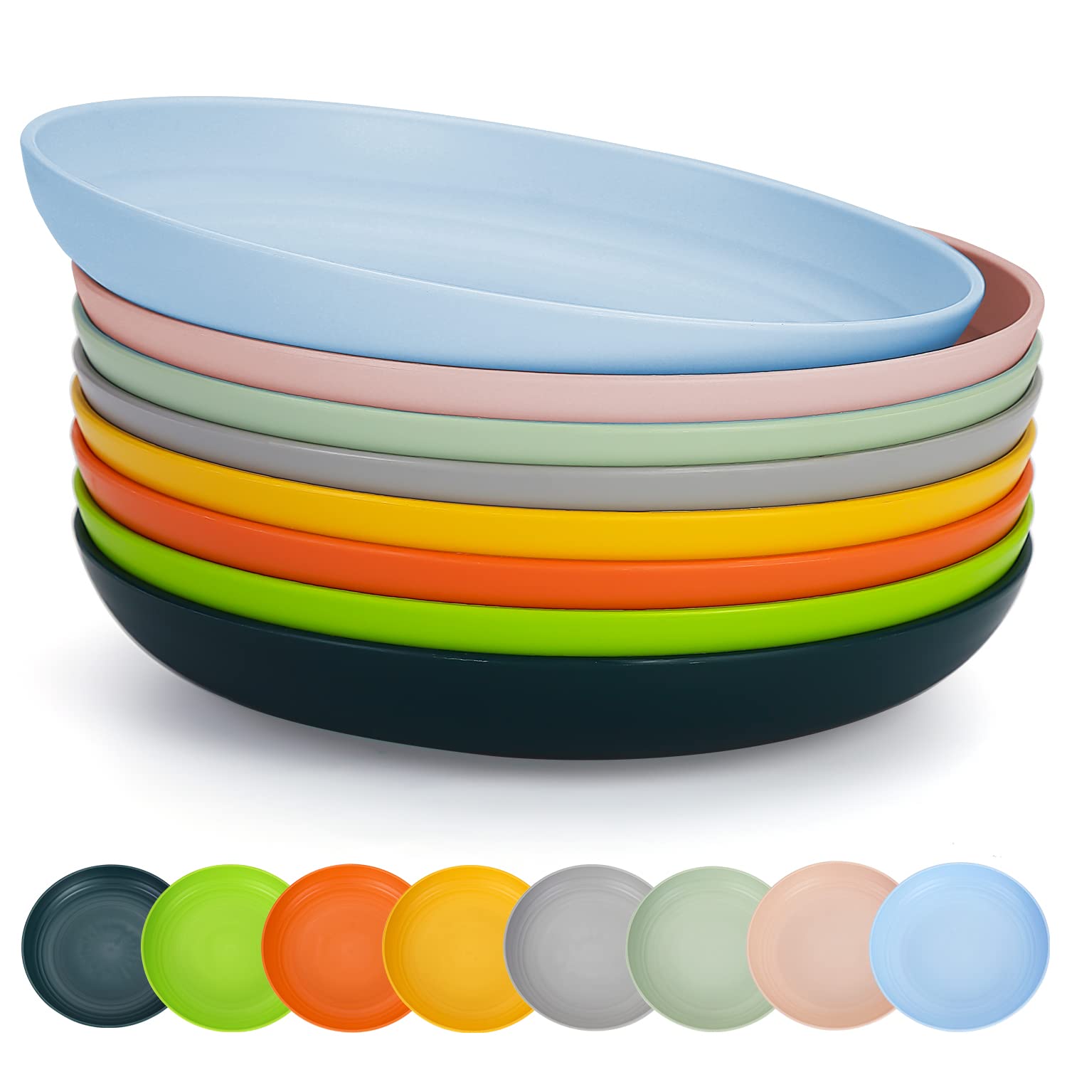 Berglander 9 Inch Plastic Deep Dinner Plates Set Of 8 Colors, Reusable And Sturdy Unbreakable Dishes Set For Pasta Bowls,Ramen,D