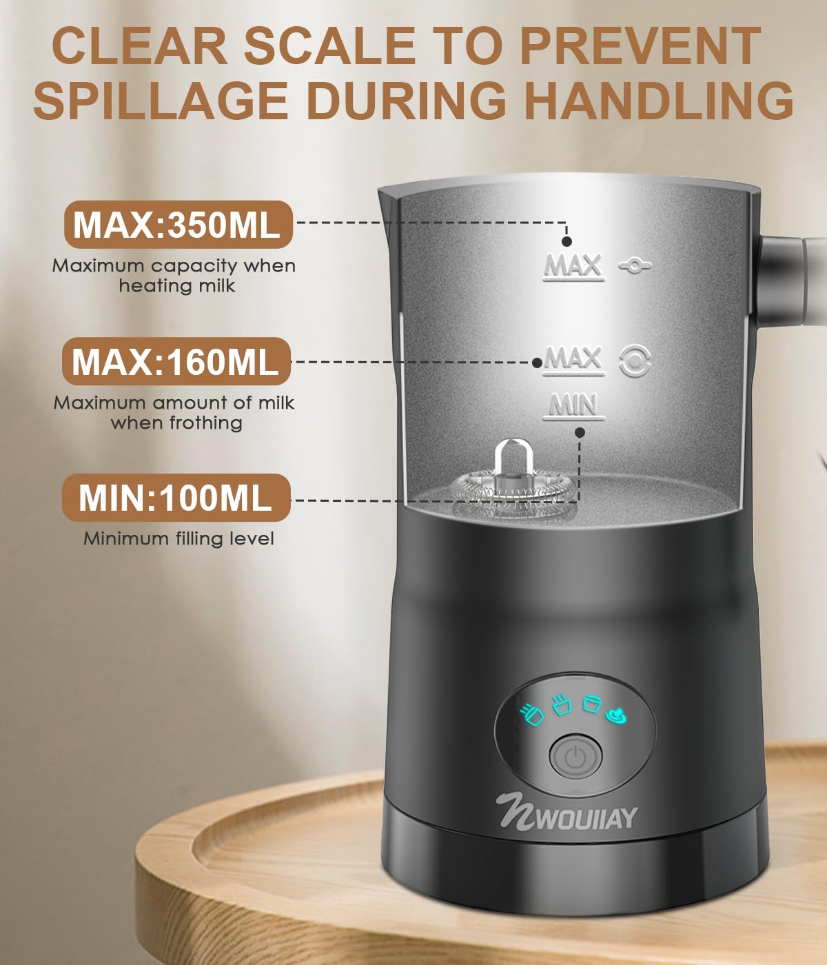 Nwouiiay 4 In 1 Milk Frother Electric And Steamer 11.8 Oz/350Ml Hot/Cold Foam Maker Intelligent Temperature Control Electric Mil