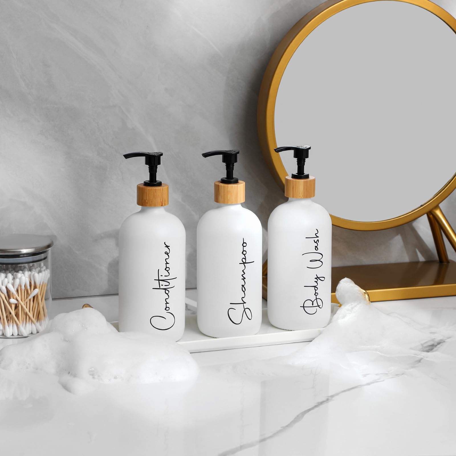 Glass Shampoo And Conditioner Pump Bottles Soap Dispenser Bamboo Pump Head Empty Glass Refillable Shampoo Conditioner Body Wash