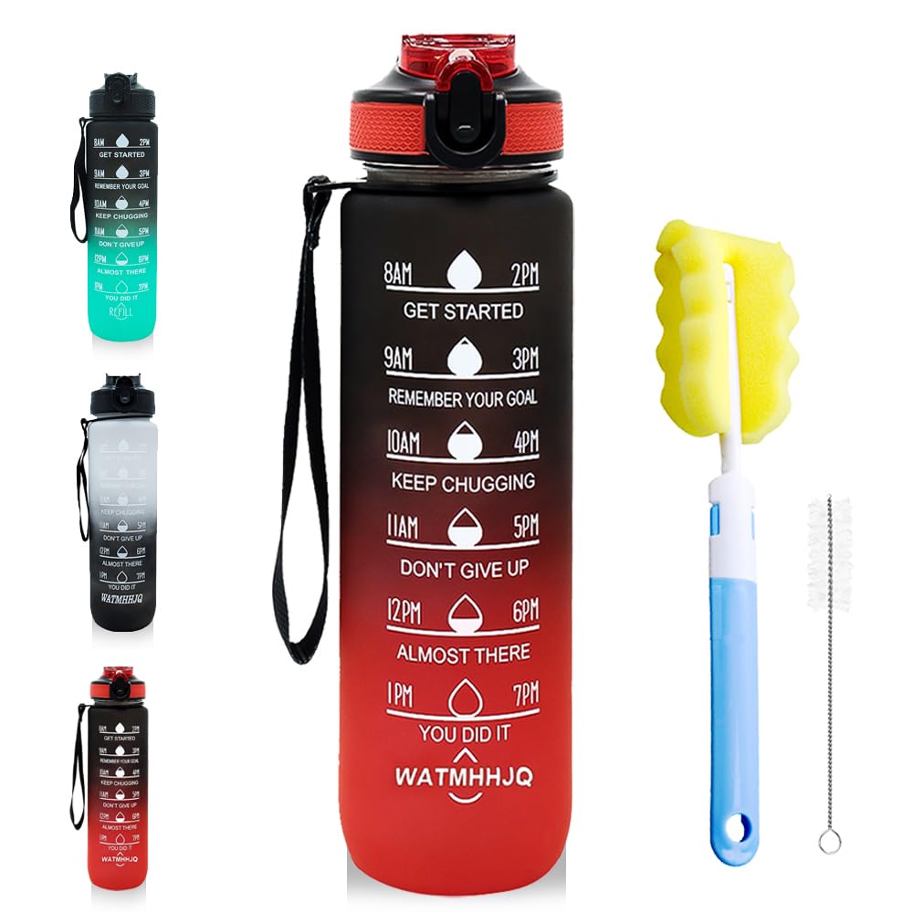 WATMHHJQ 32oz Sports Water Bottle Outdoor, with Drinking Time and Capacity Labels, Sport Water Cups with Straw,BPA Free Leak Pro