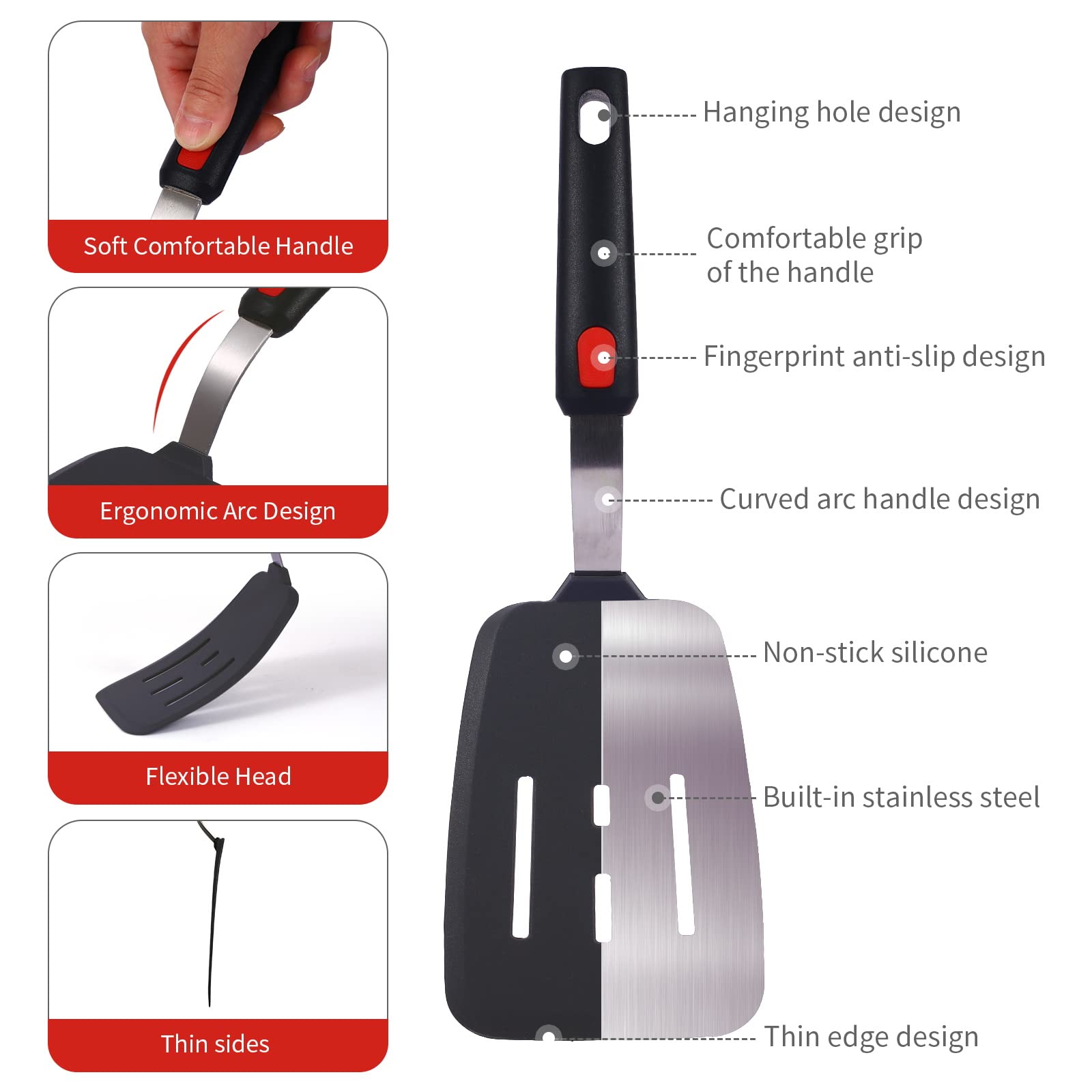 Collfa Kitchen Cooking Utensils Large Silicone Spatulas Turner Heat Resistant 3-Pack Set For Nonstick Cookware,Bpa-Free Rubber T