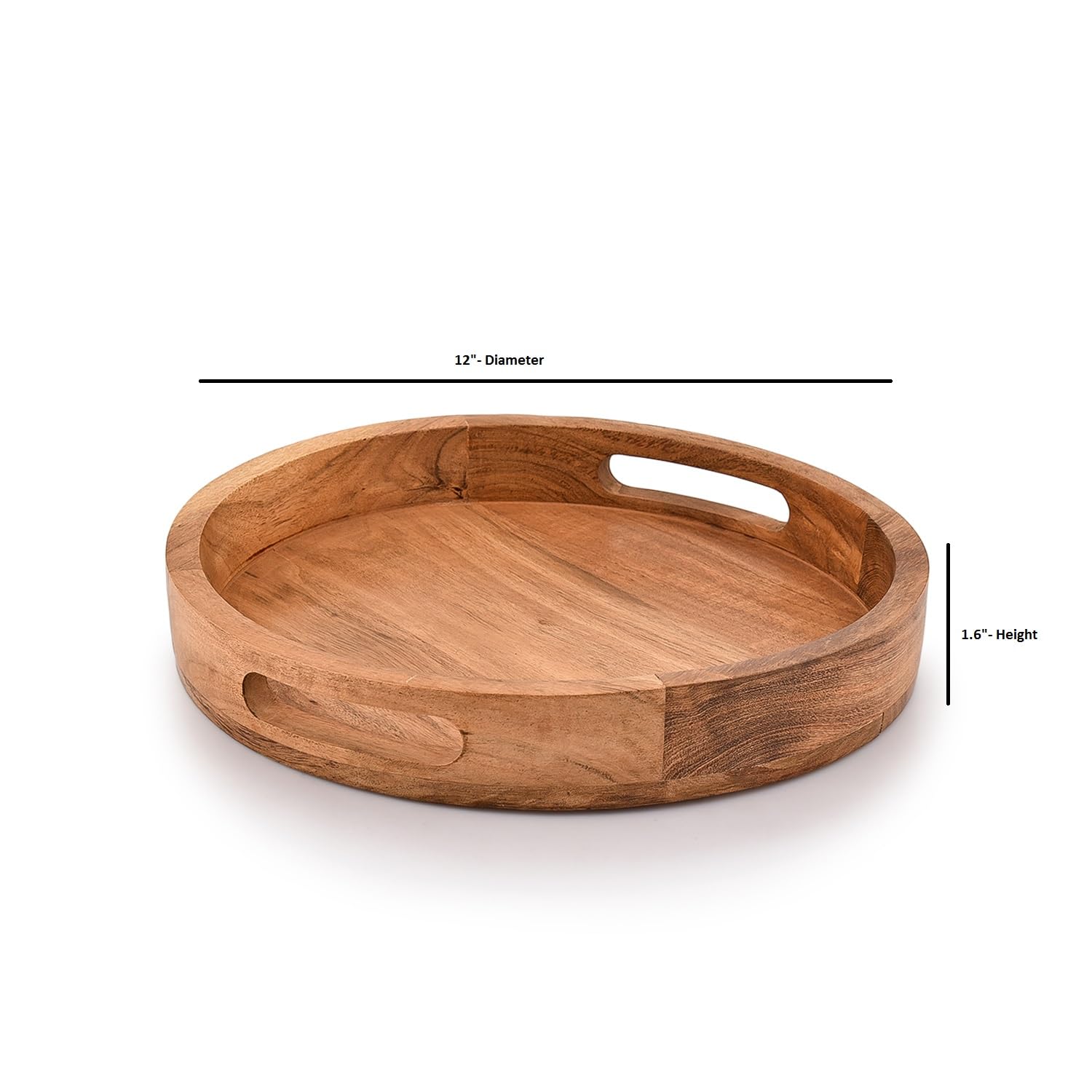 Samhita Round Serving Acacia Wooden Tray With Handles For Serving Beverages & Food On Bar Living Room Home Dining Table (12'' X