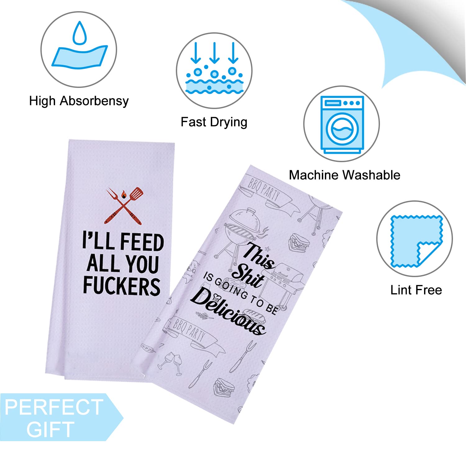 LXOMILL Funny Kitchen Towels - 2 Pack Microfiber BBQ Grilling Dish Towels, Ideal Gifts for Men, Women, Chefs, and BBQ Enthusiasts
