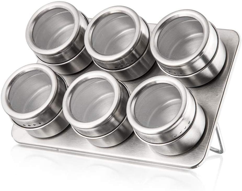 Paratpar Mall 6 Pcs Magnetic Masala Rack | Stainless Steel Spice Jars With Magnetic Base & Clear Lids | Durable, RustResistant 
