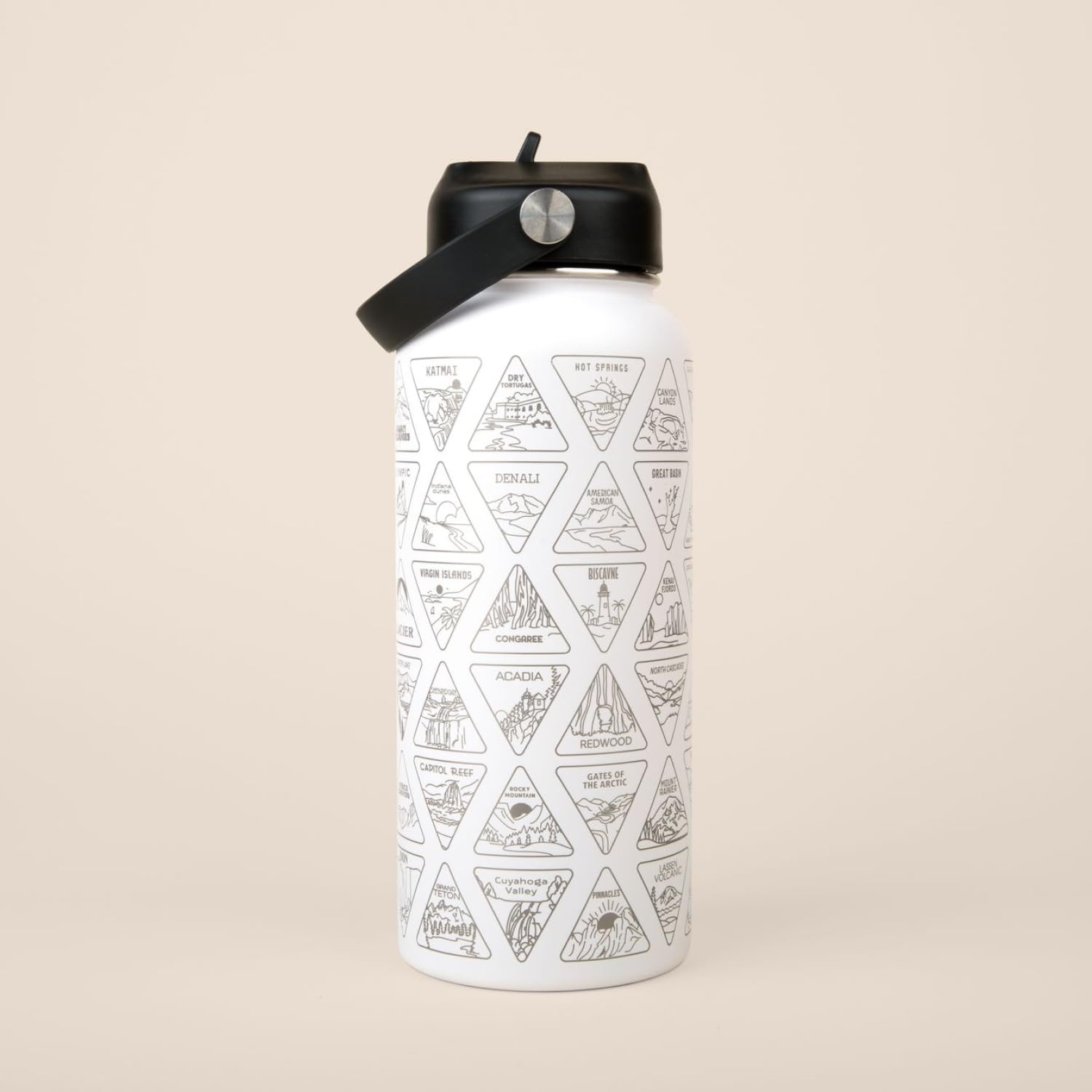 Wondery Original National Parks Of The Usa Bucket List Travel Water Bottle With Waterproof Stickers And Straw | White 32 Oz Engr