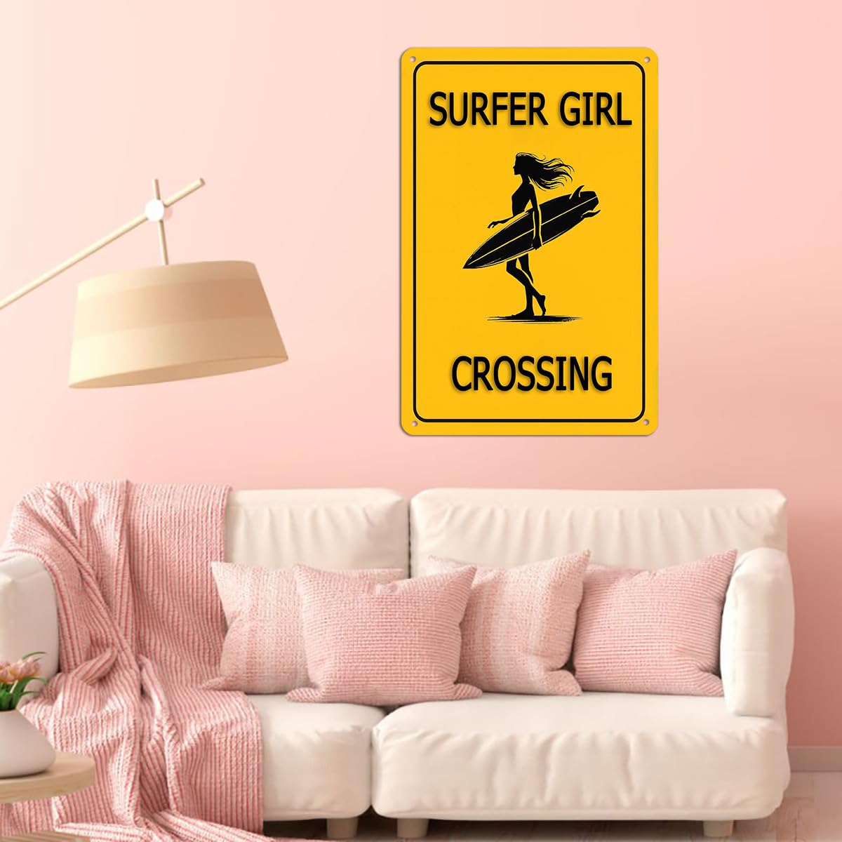 Surfer Girl Crossing Metal Sign - Surfboard Wall Art for Beach Room Decor, Surfer Gifts for Women and Teen Girls, Cool Surfing R