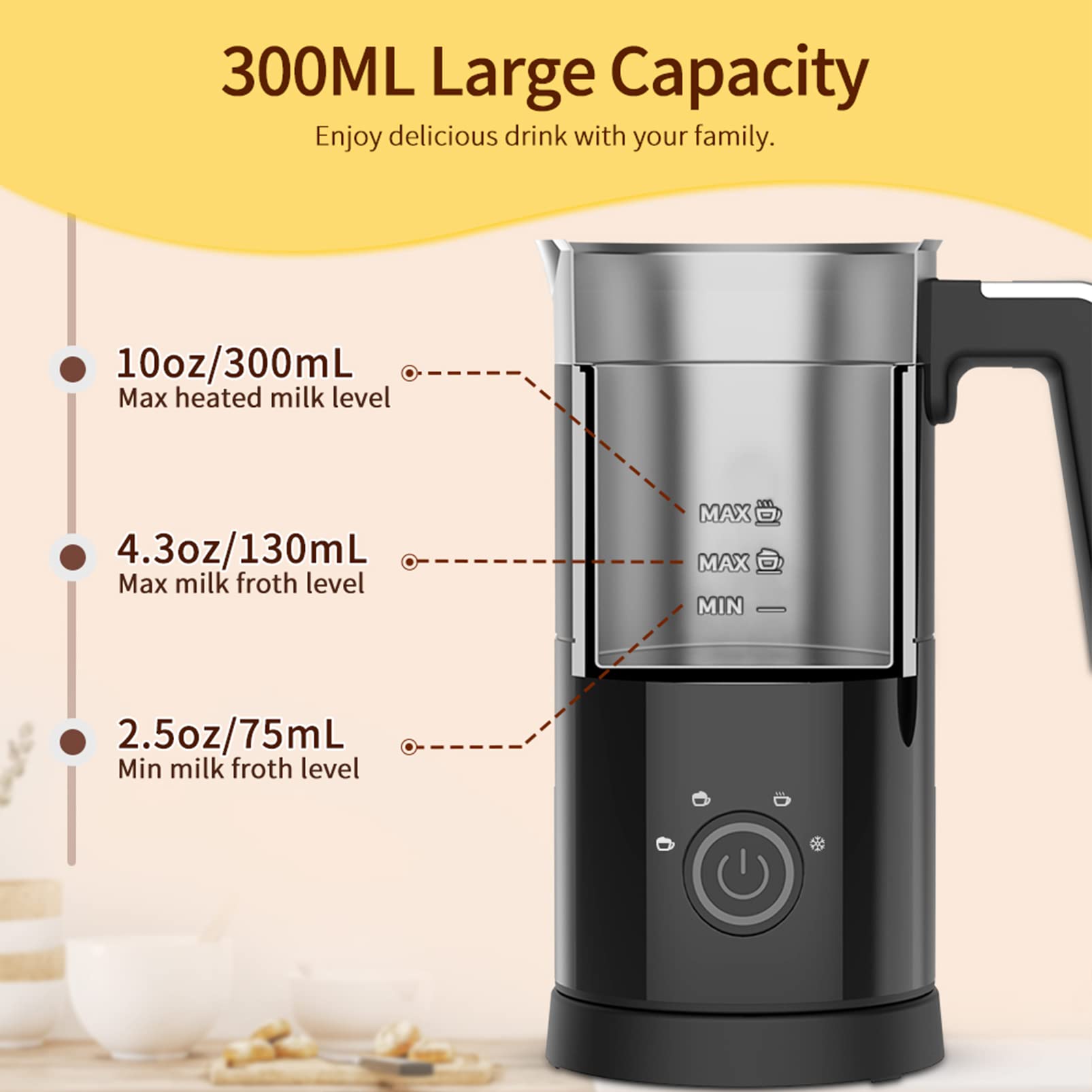 4 In 1 Electric Milk Frother: 10Oz/350 Ml Large Capacity Electric Milk Steamer For Hot And Cold Milk Froth - Automatic Milk Frot