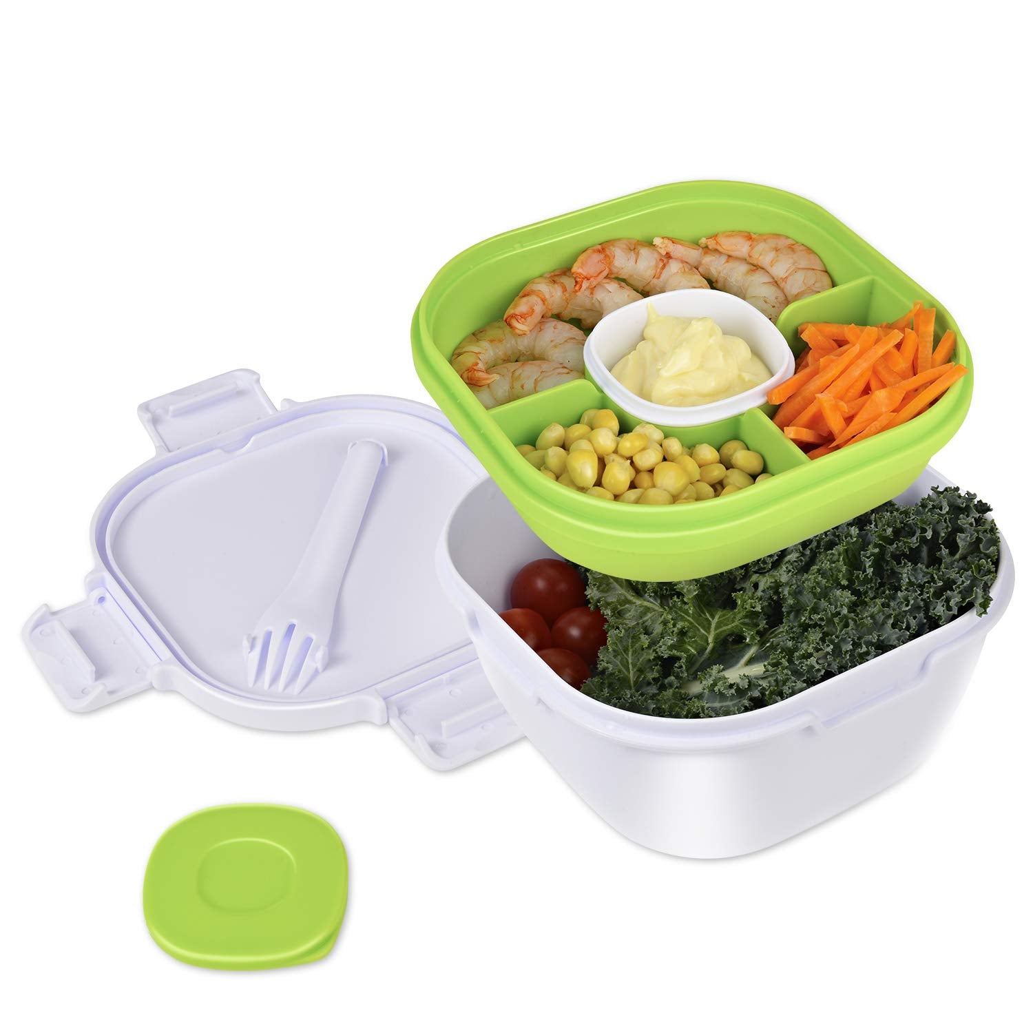 Upgraded Large Salad Bowl With Lid Leak-Proof 57.5Oz Stackable Salad Lunch Box With Larger Capacity Container And 3-Compartment