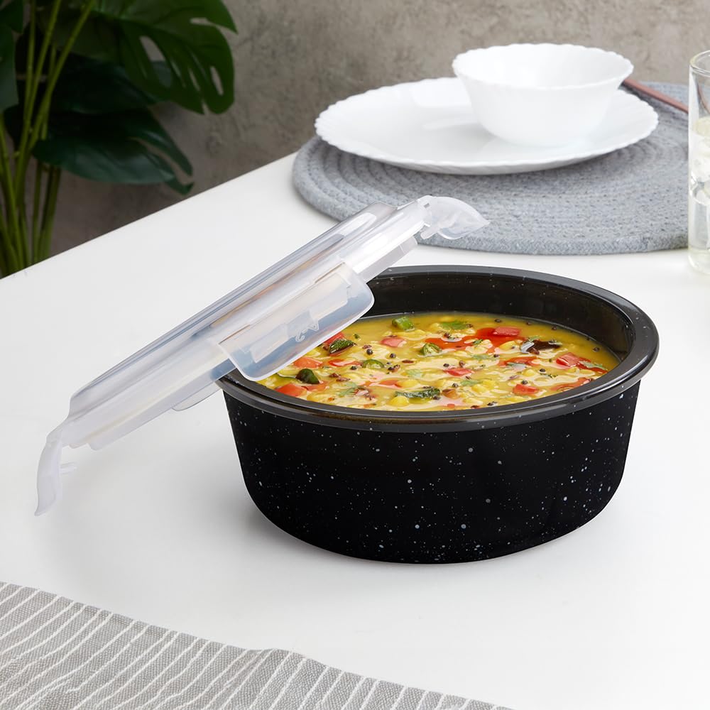 Borosil 950 Ml Pebble Black Food Storage Container With Air Tight Lid | Round Shape Borosilicate Glass Organiser | Microwave & D