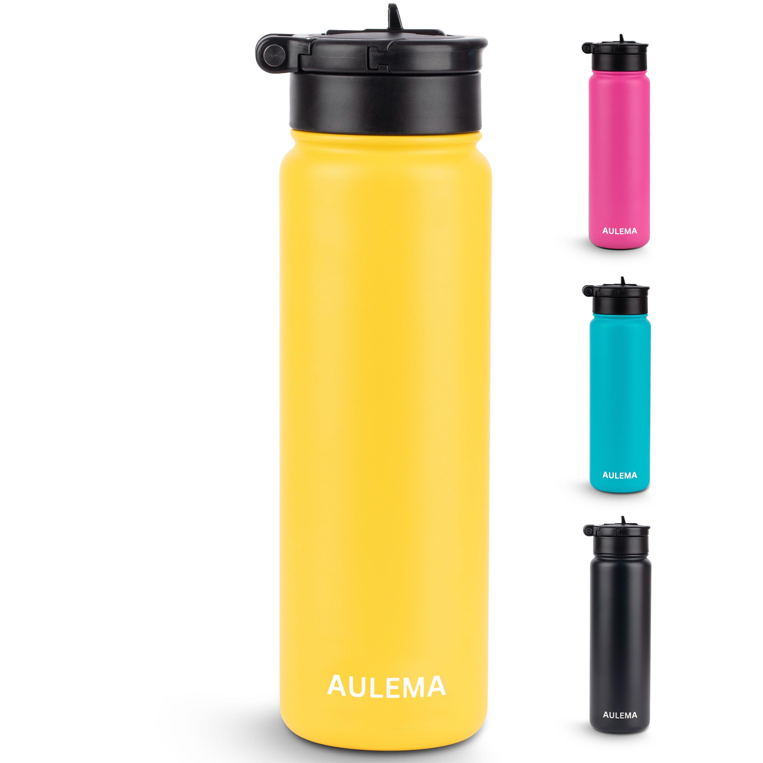 AULEMA 24OZ Stainless Steel Double Wall Insulated Water Bottle, Keeps Drinks Cold 24 Hours/Hot 12 Hours, LeakProof, Foldable St