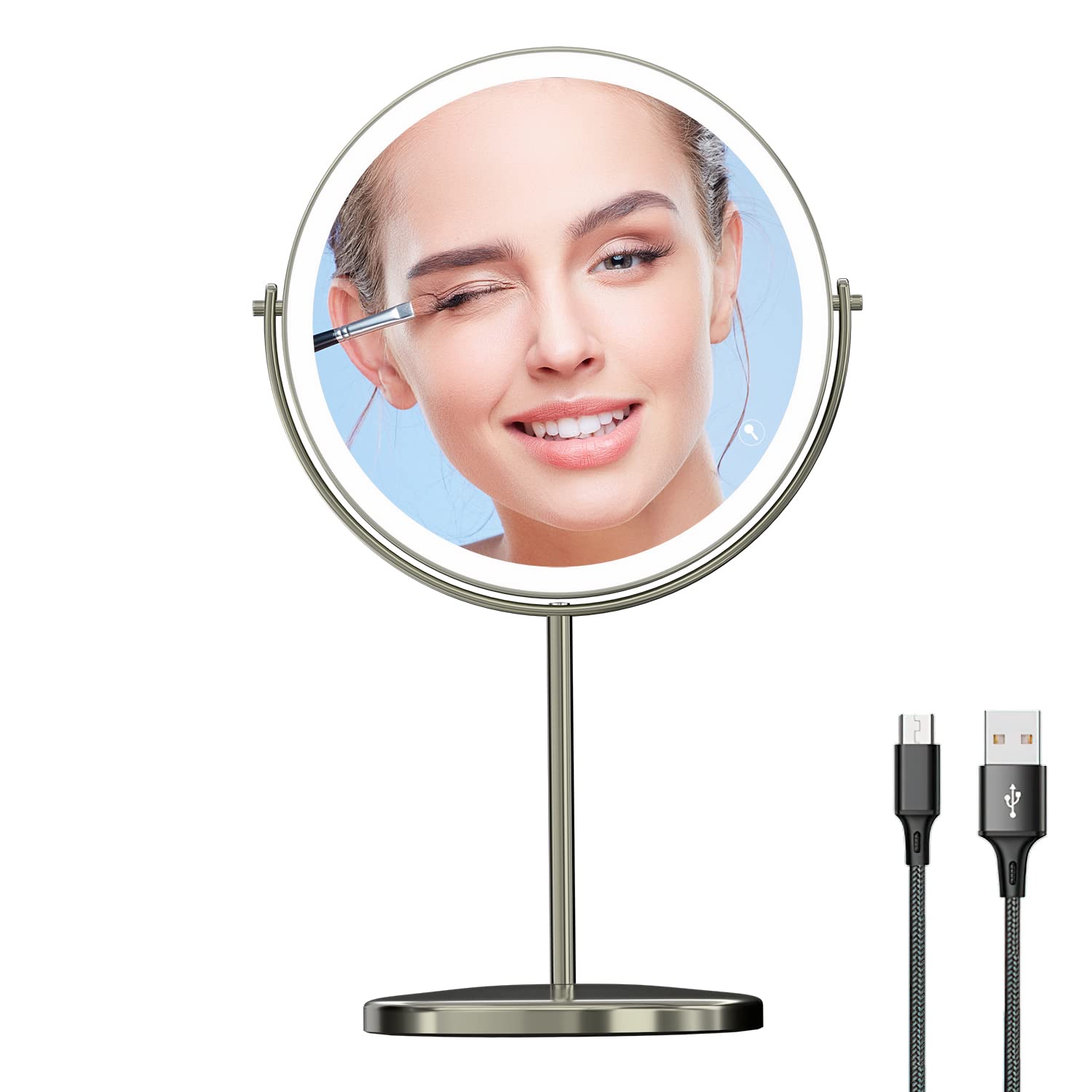 8'' Lighted Makeup Mirror With Magnification, 1X/10X Magnifying Lighted Vanity Mirror, Double Sided 360 Swivel Usb Rechargeable,