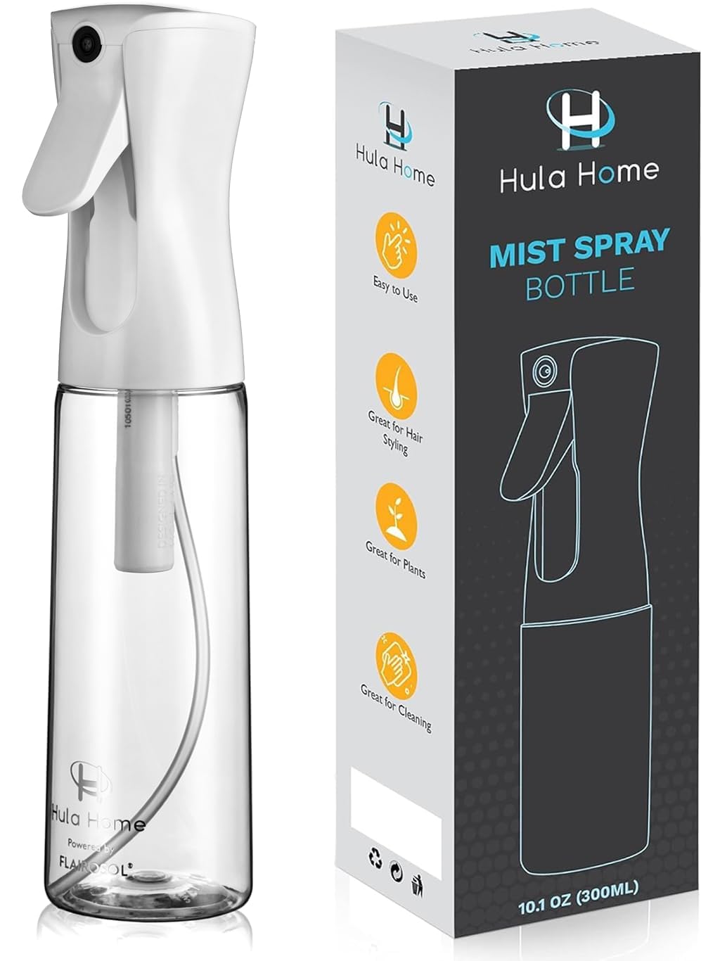 Hula Home Continuous Spray Bottle (10.1oz/300ml) Empty Ultra Fine Plastic Water Mist Sprayer - For Hairstyling  Cleaning  Salons  Plants  Essential Oil Scents & More - White