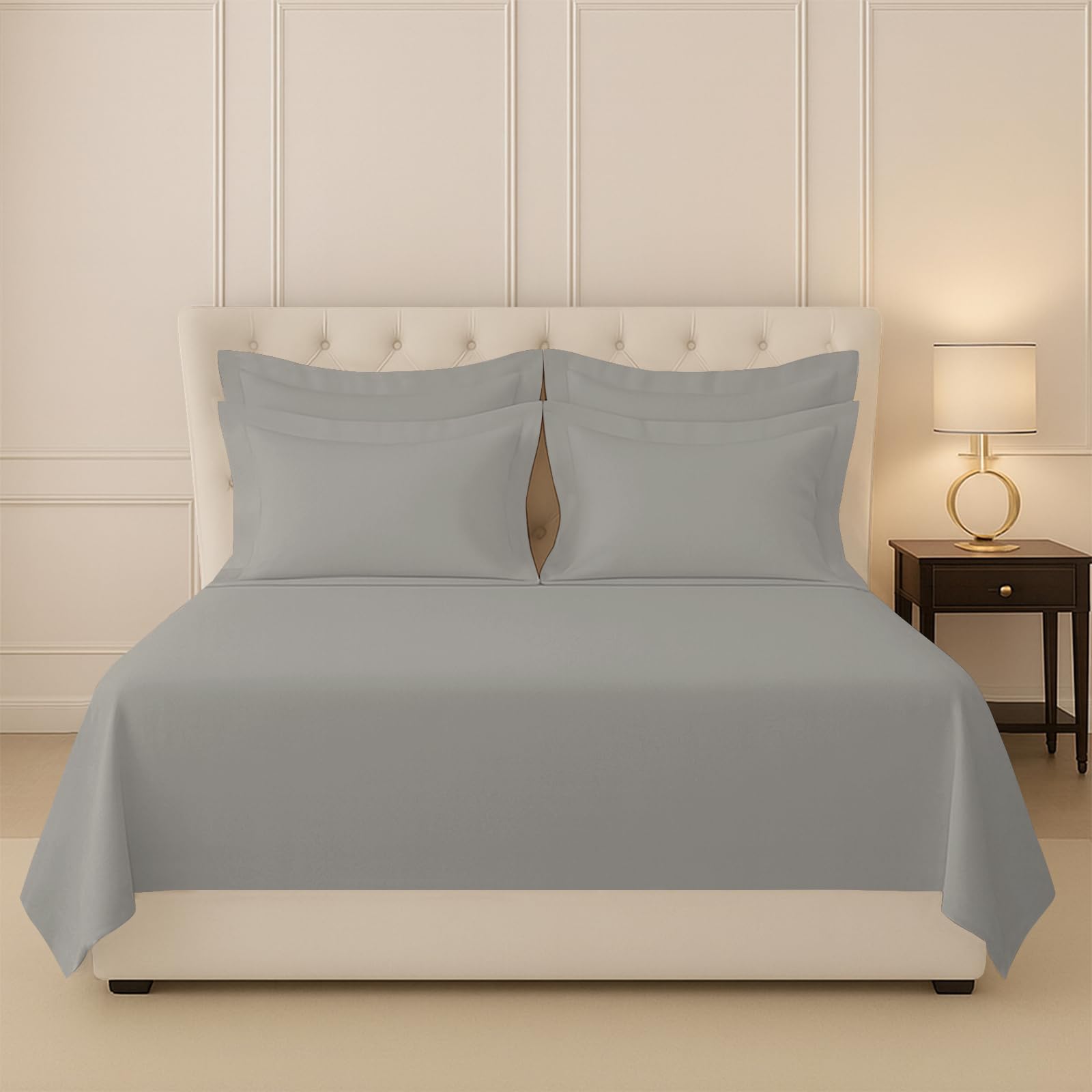 Pizuna 100% Cotton Bedsheet Super King Size Ash Grey, 400 Thread Count Long Staple Combed Cotton Flat Bedsheets 108X108 Inches W