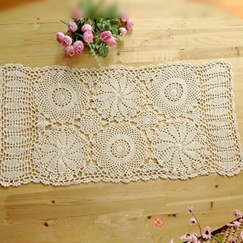 Abreeze Rustic Floral Table Runner Hand Crochet Table Placemats Beige Cotton Table Doilies Runners, 2Pc 15.7 Inchx31.5Inch