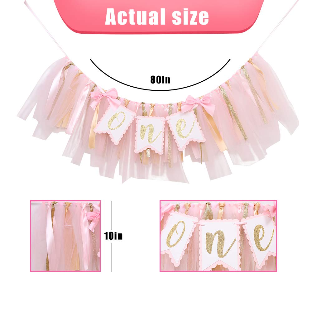 Highchair Banner 1St Birthday Girl - Tulle And Ribbon Banner For First Birthday, Cake Smash Photo Prop, Party Supplies (Pink)