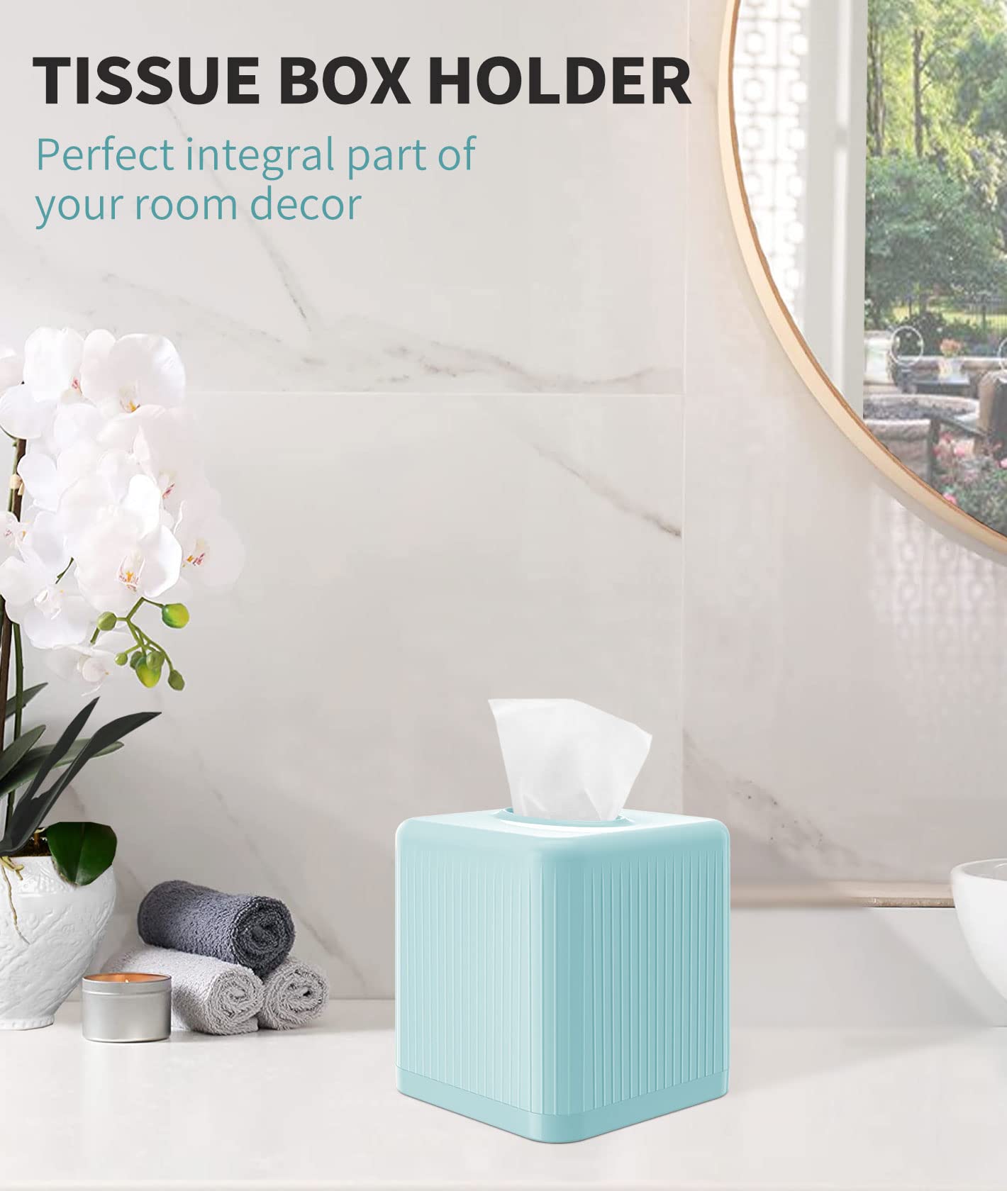Livelab Tissue Box Cover with Base  Square Plastic Tissue Box Holder Decorative Tissue Cover Modern Cube Facial Tissue Dispenser for Bathroom Vanity Countertop  Living Room  Office - Blue