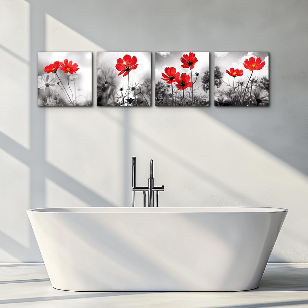 hyidecorart 4pcs Modern Salon Theme Black and White Plant The red flower Flower Abstract Painting Still Life Canvas Wall Art for Home Decor Flower Canvas Print Wall Art Painting For Living Room Decor