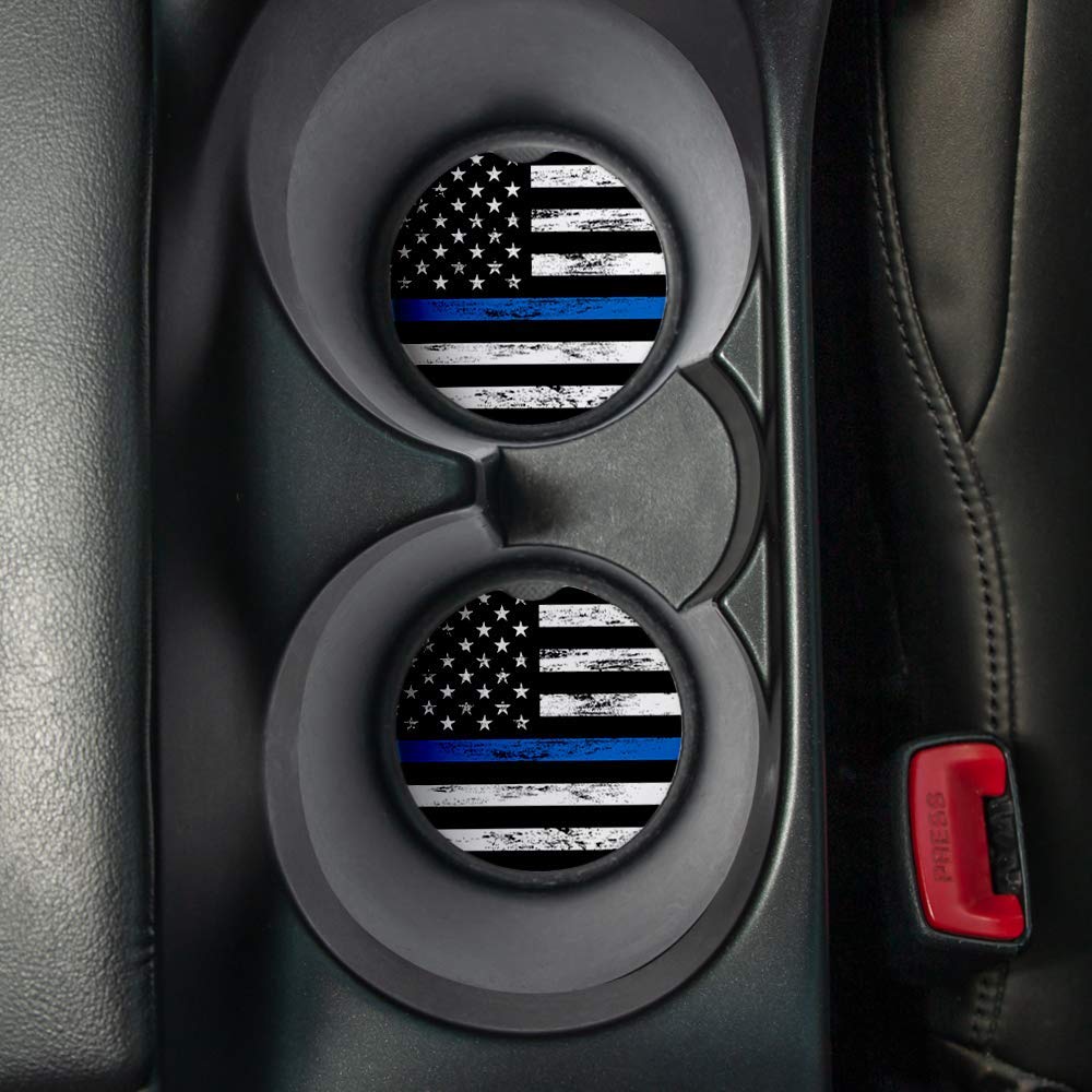 Thin Blue Line  Car Coasters for drinks Set of 2  Perfect Car Accessories with absorbent coasters. Car Coaster measures 2.56 inches with rubber backing.