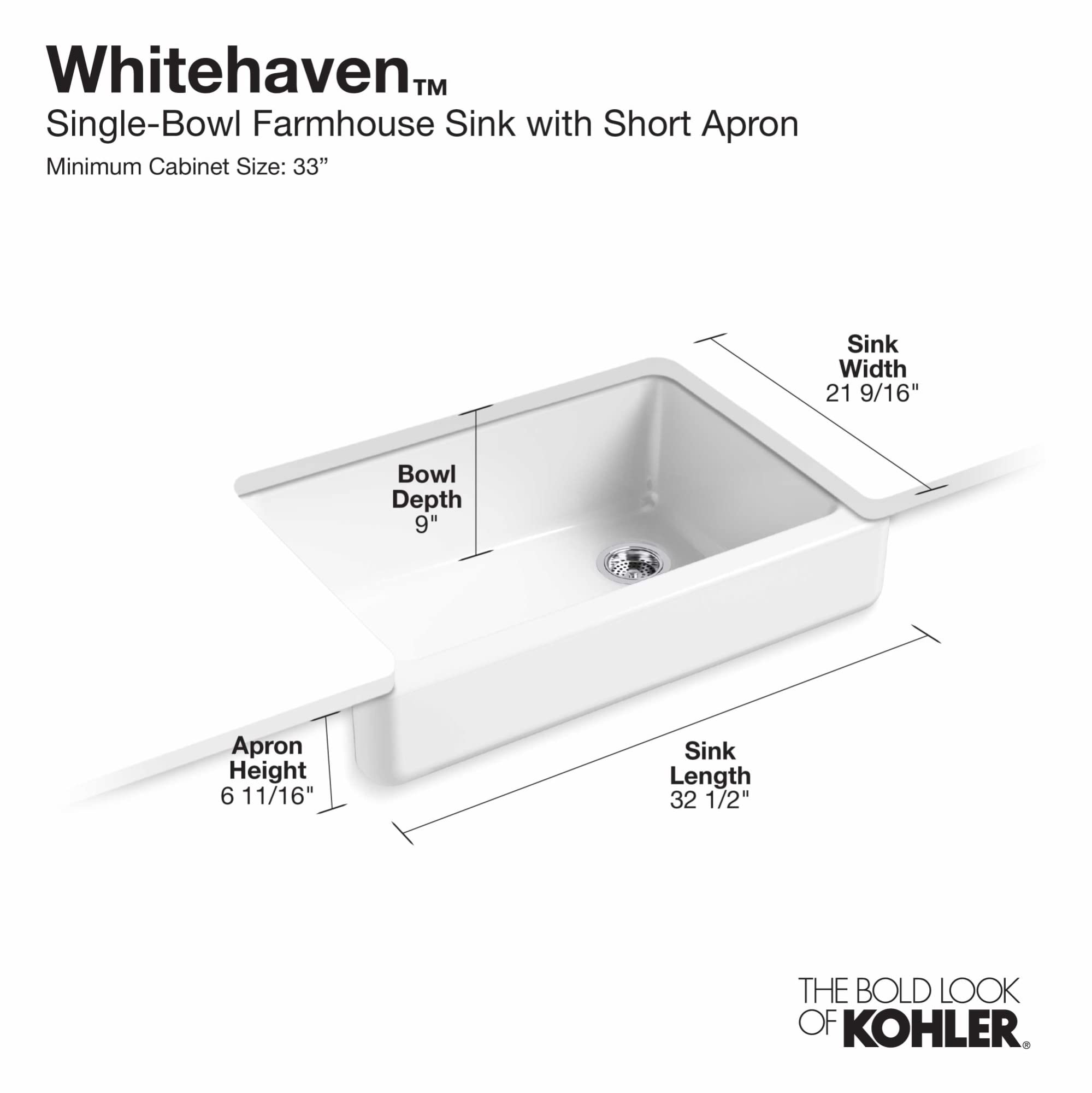 Kohler K-5826-96 Whitehaven Farmhouse Self-Trimming Undermount Single-Bowl Sink With Short Apron, Biscuit