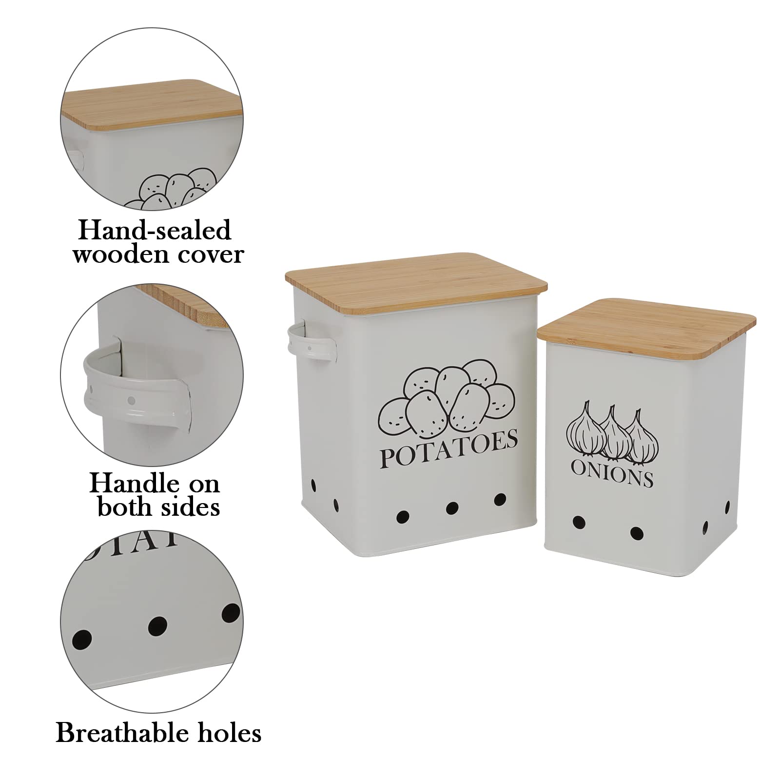 Kitchen Vegetable Storage Tins Set of 2 for Potatoes  Onion  with wooden lid Garlic Bin Caddy  Long Shelf Life-white