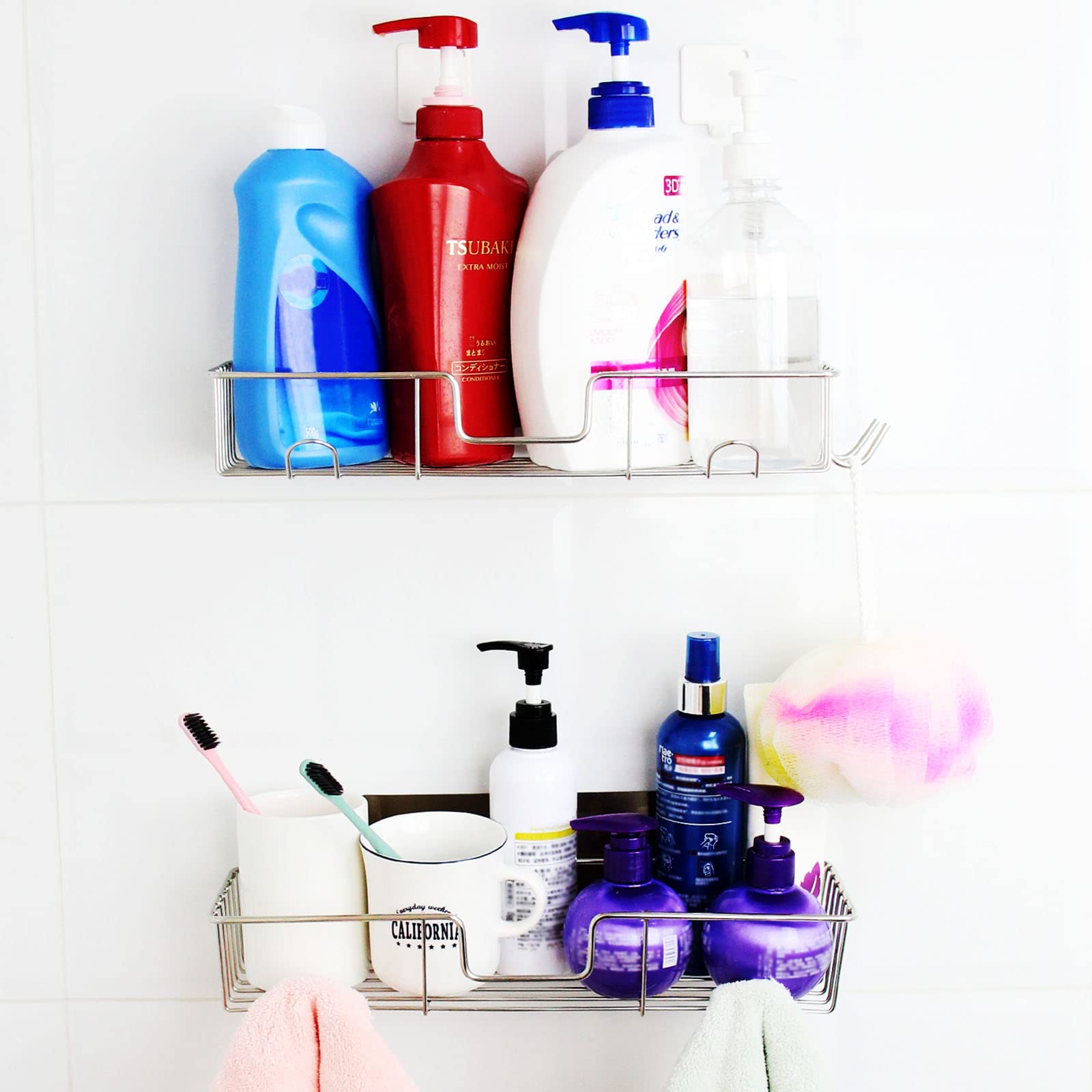 Casaphoria Shower Caddy  Adhesive Shower Organizer with 6 Hooks  Shower Shelf for Inside Shower No Drilling - Rustproof Stainless Steel Shower Rack Wall Mounted  2 Pack(White Silver)