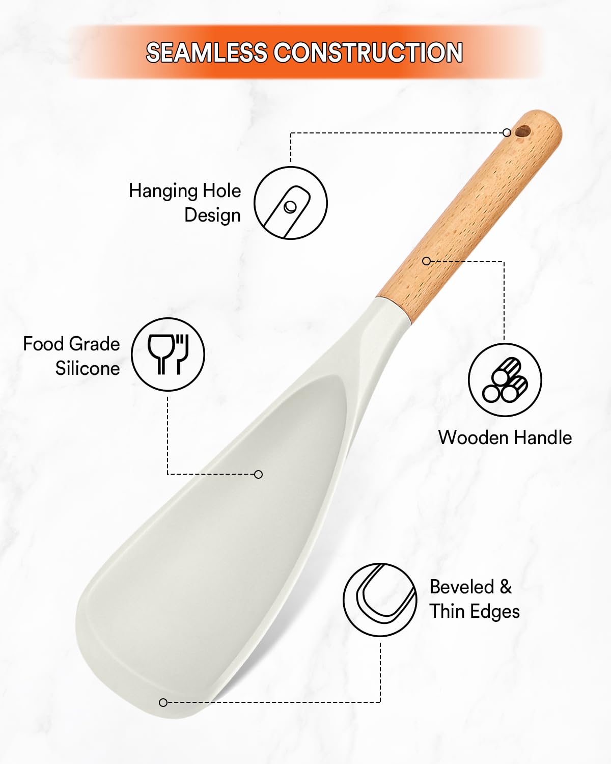 Cooking Spoon For Nonstick Cookwares, Great For Cooking And Serving Durable Bpa-Free Matte White Silicone, Wood Handle Spoon For