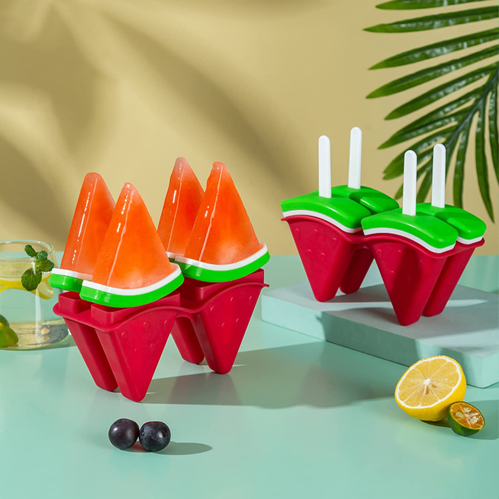 Popsicles Molds For Kids, 4 Cavities Bpa-Free Silicone Frozen Popsicles Mold, Reusable Easy Release Watermelon Shape Ice Cream M
