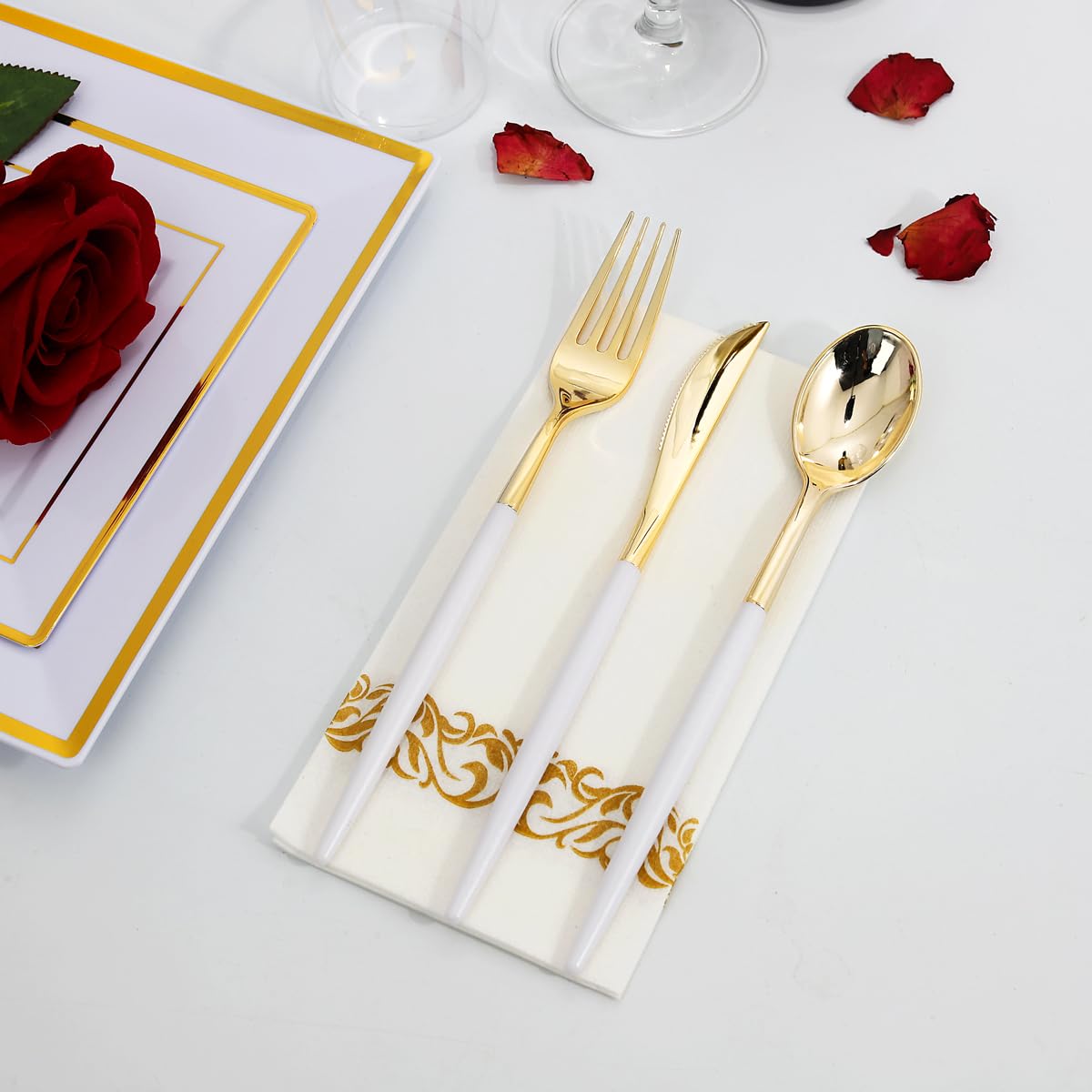 I00000 144 Gold Plastic Forks, Disposable Gold Flatware With White Handle, Look Like Gold Cutlery For Party Wedding