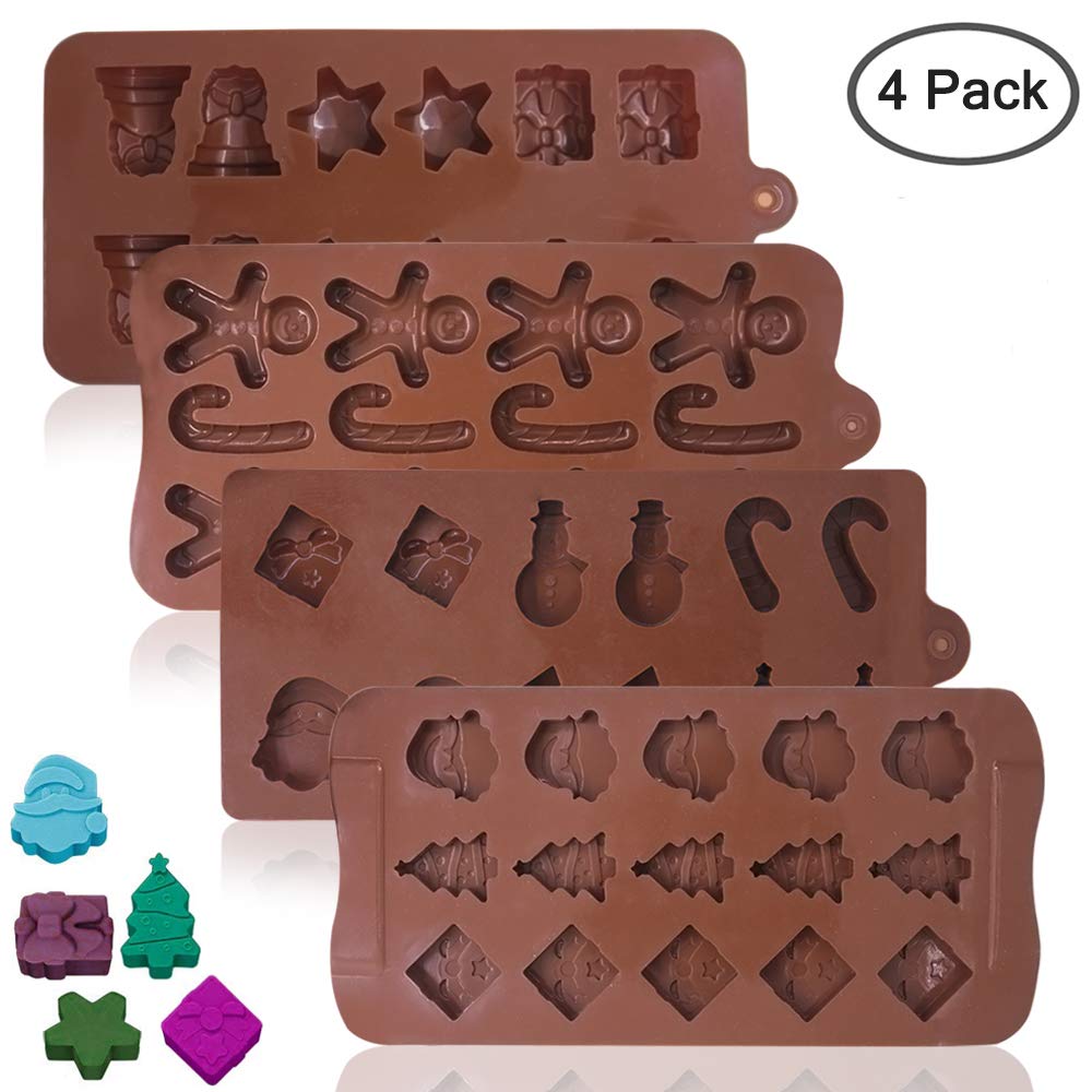 4 Pack Christmas Candy Molds Trays, Yucool Silicone Baking Chocolate Jelly Molds With Shapes Of Snowman,Socks,Candy Stick,Gift B