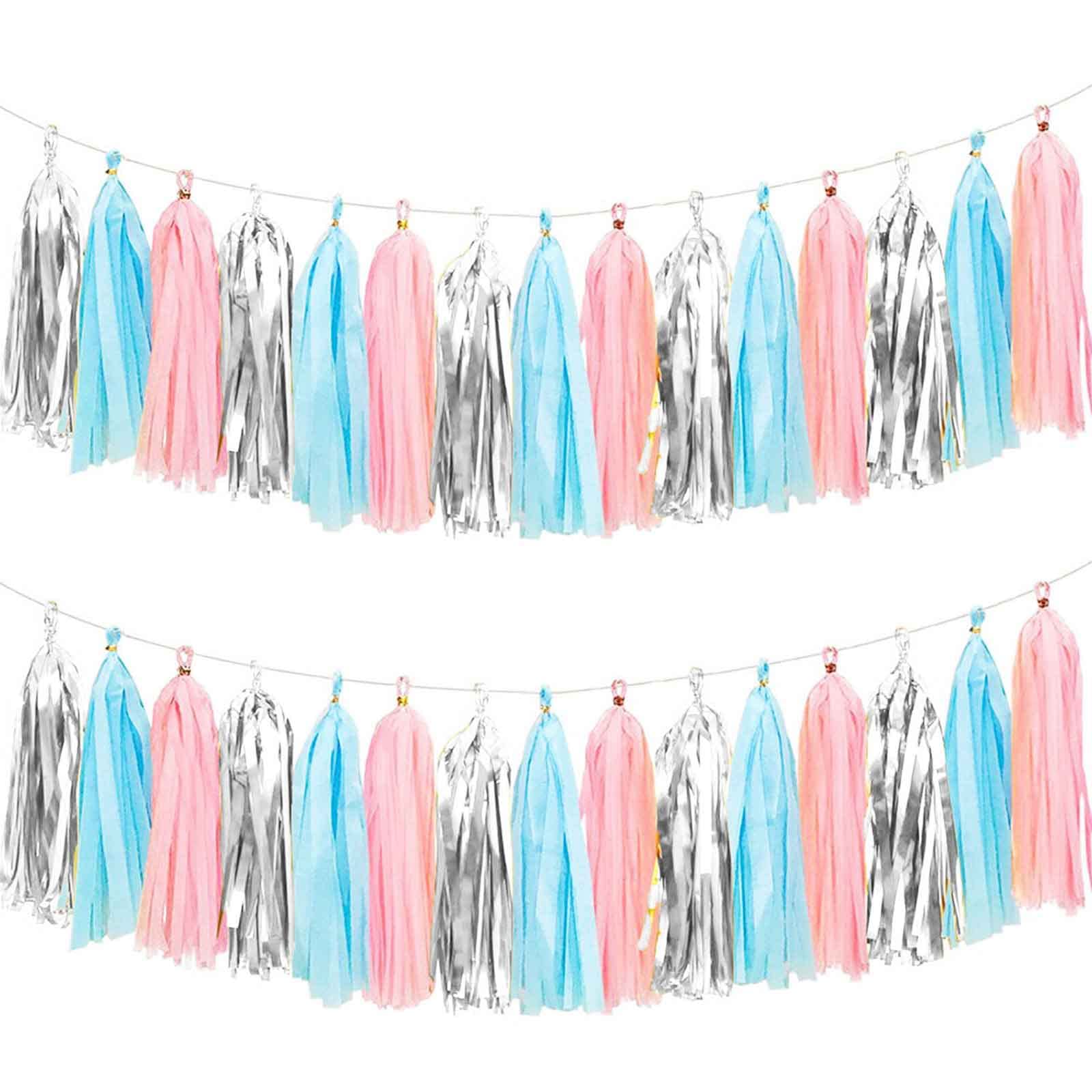 We Moment Gender Reveal Tissue Paper Tassel Banner for Wedding,Birthday,Baby Shower Party Decorations,DIY Kits,Pink,Blue,Silver,