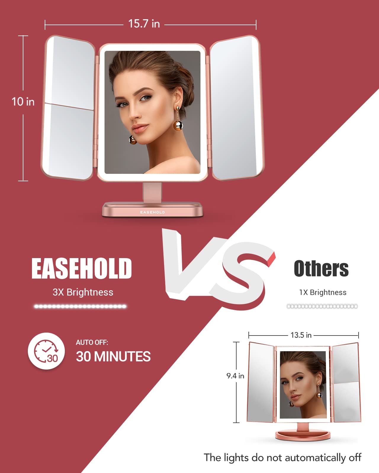 Easehold Rechargeable Vanity Mirror With Lights, 116 Leds Makeup Mirror, 3-Color Lighted Makeup Mirror, 2X/3X/10X Magnification,