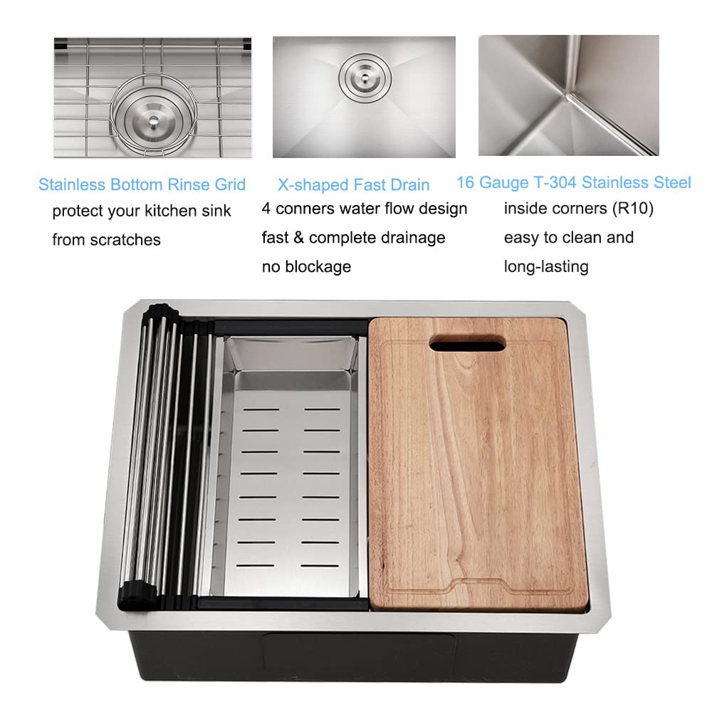 24 Inch Undermount Kitchen Sink, Boomhoze 24 X 19 Inch Stainless Steel Undermount Workstation Sink 16 Gauge Single Bowl Kitchen