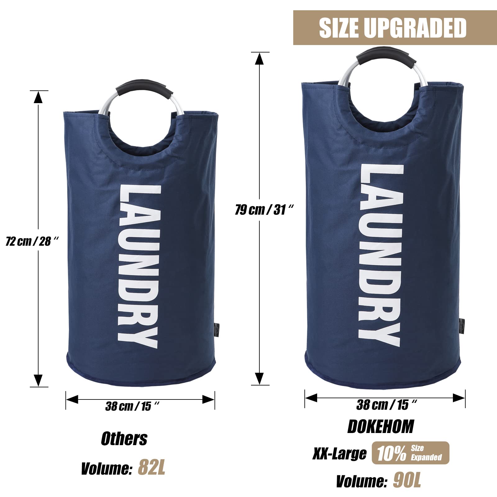 DOKEHOM 90L Large Laundry Basket  Collapsible Laundry Bag  Freestanding Tall Clothes Hamper  Foldable Washing Bin (Dark Blue)