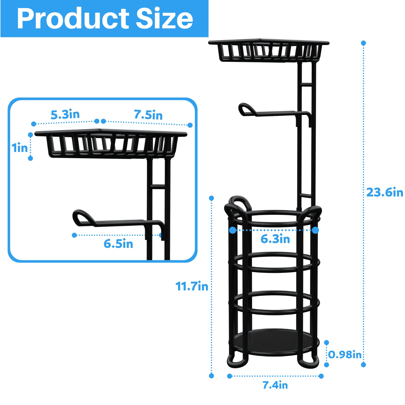 Toilet Paper Holder Stand with Shelf  Free Standing Toilet Tissue Roll Storage Rack for Bathroom  Black