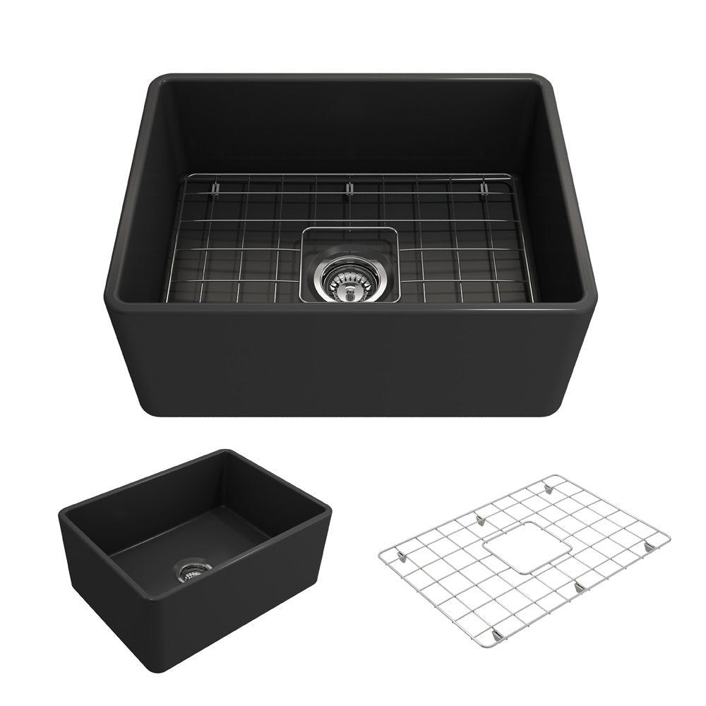 Bocchi Classico Farmhouse Apron Front Fireclay 24 In. Single Bowl Kitchen Sink With Protective Bottom Grid And Strainer In M.Dar