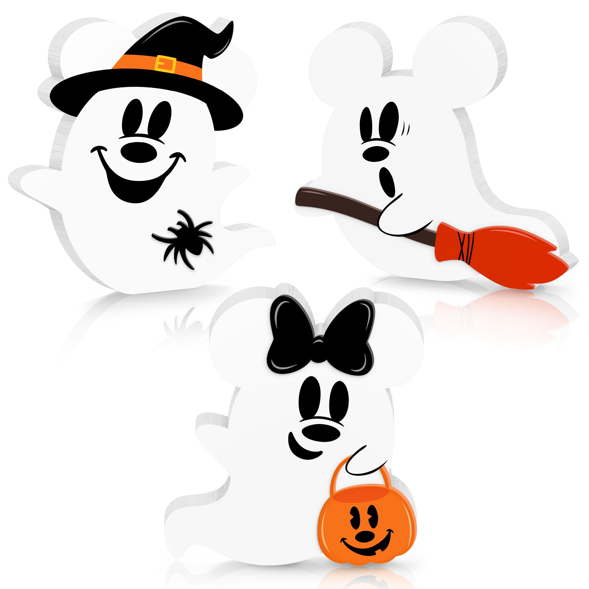 Halloween Mouse Shaped Cute Ghost Table Decor, 3 Pcs White Ghost Wooden Signs, Witch Pumpkin Spider Wood Centerpiece Tabletop Or