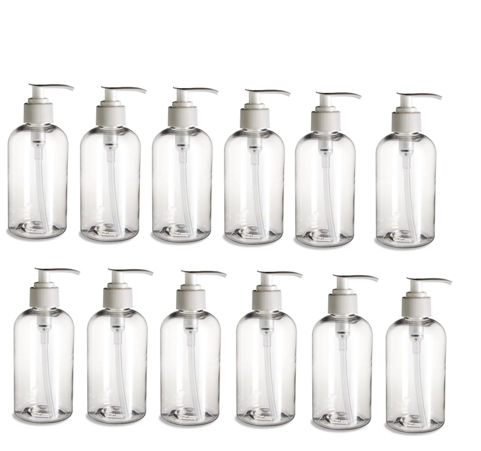 Natural Farms 12 Pack 8 oz Clear Boston Plastic Bottles White Pump for Essential Oils, Perfumes