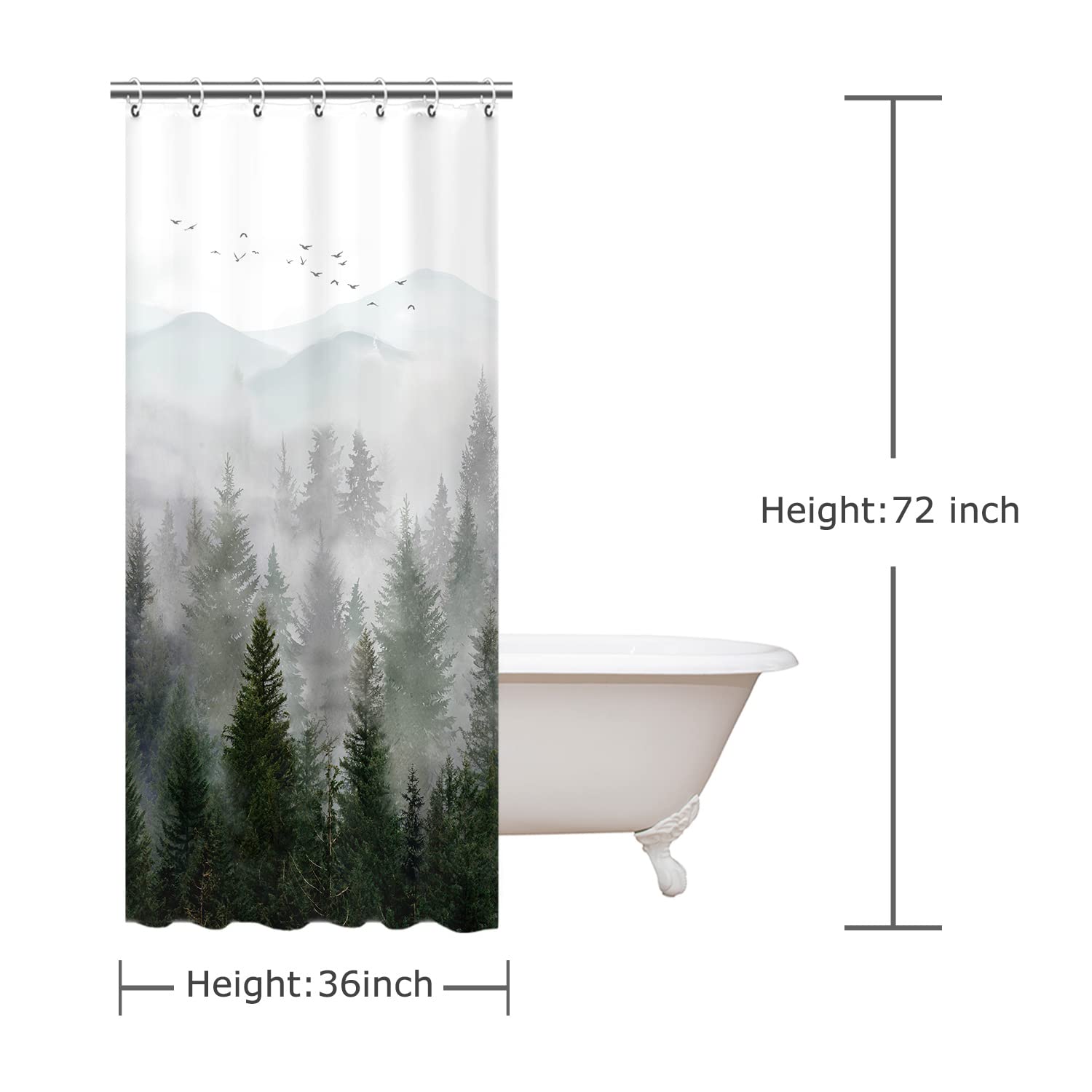 Rosielily Stall Shower Curtain 36''X72'' Inches Small Shower Curtain, Misty Forest Mountain Shower Curtain Tree Shower Curtains